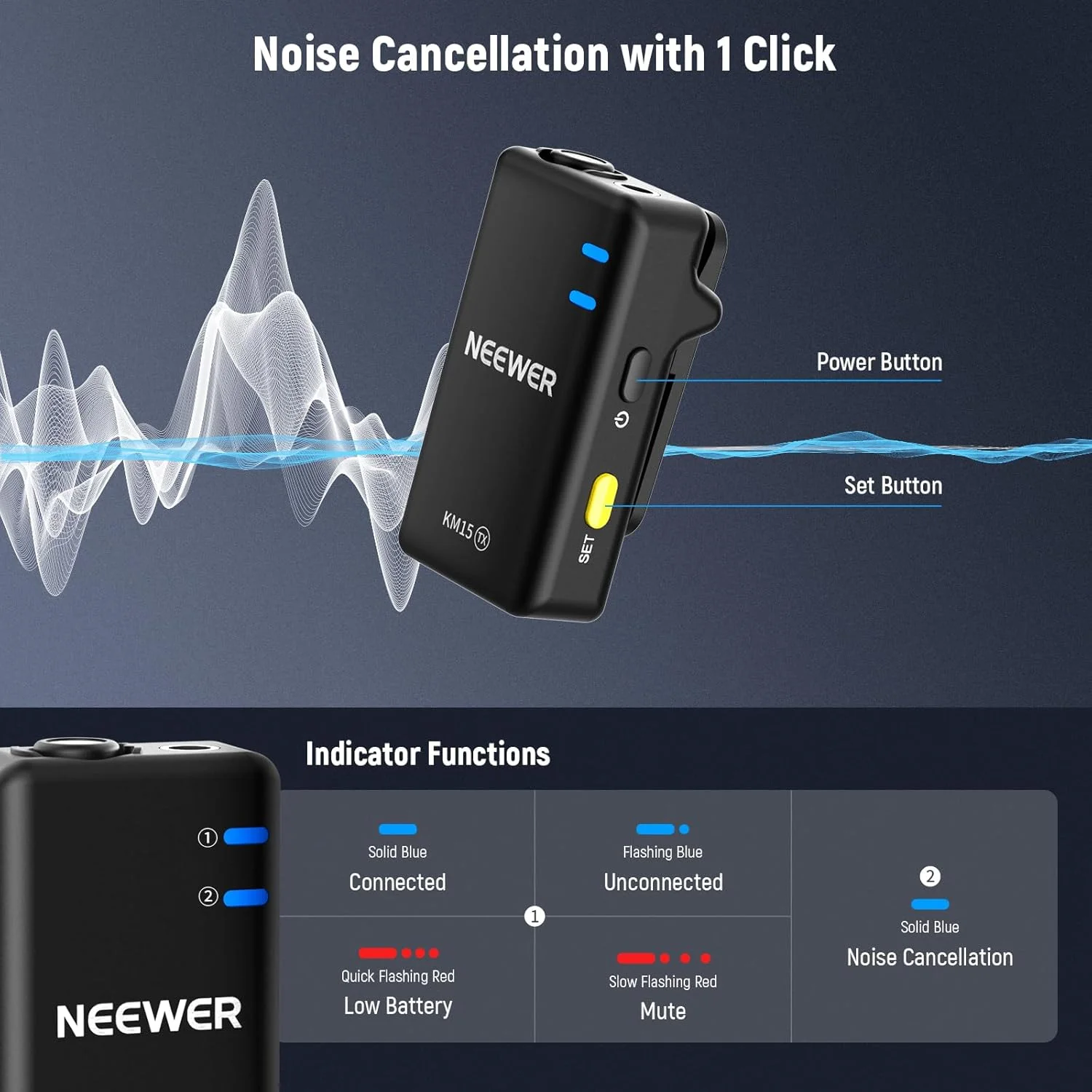 سیستم میکروفون یقه ای بی سیم NEEWER KM15 سازگار با آیفون، گوشی اندروید، کامپیوتر، میکروفون کوچک یقه ای USB C با قابلیت حذف نویز، برد 300 متری، باتری 9 ساعته 48 کیلوهرتز/24 بیت برای ضبط ویدیو و استریمینگ