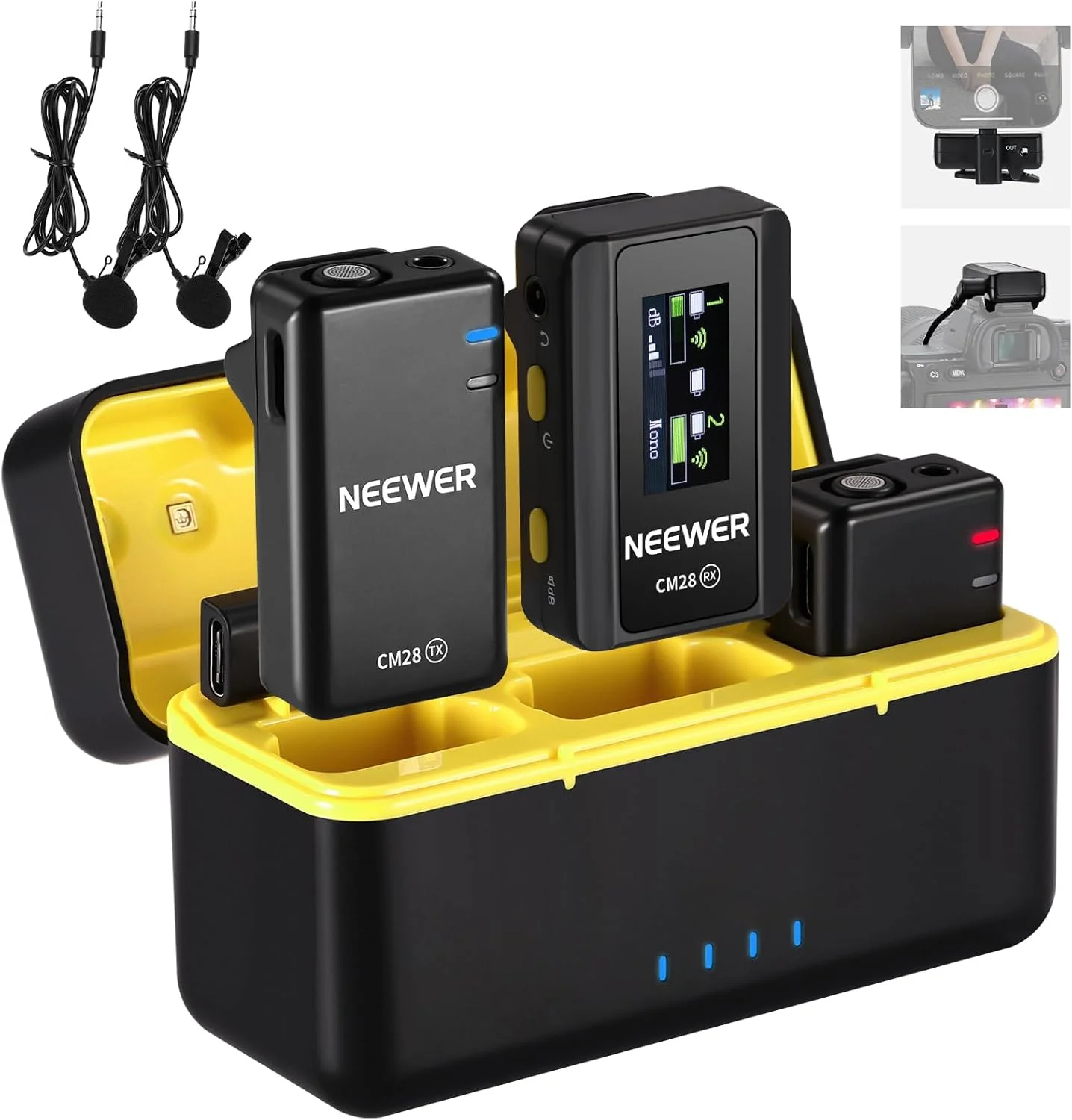 سیستم میکروفون یقه ای بی سیم Neewer CM28 با جعبه شارژ، 2 گیره میکروفون، حذف نویز با یک کلیک، 4 گیگابایت حافظه، 9 ساعت پخش، میکروفون یقه ای سازگار با iPhone/Android/PC/Camera/iPad سیستم میکروفون یقه ای بی سیم Neewer CM28 با جعبه شارژ، 2 گیره میکروفون، حذف نویز با یک کلیک، 4 گیگابایت حافظه، 9 ساعت پخش، میکروفون یقه ای سازگار با iPhone/Android/PC/Camera/iPad