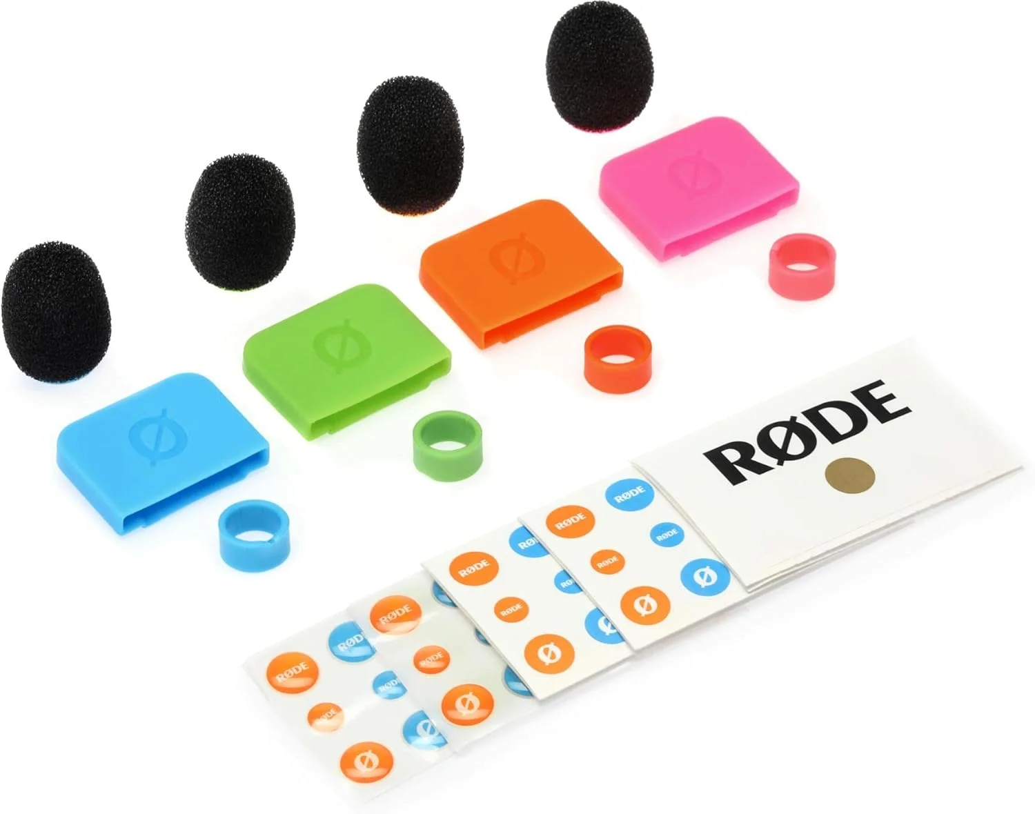 RØDE Colors 2 مجموعه‌ای از چهار بادگیر رنگی، حلقه‌های شناسایی کابل، تگ‌ها و برچسب برای RØDE Wireless GO و Lavaliers