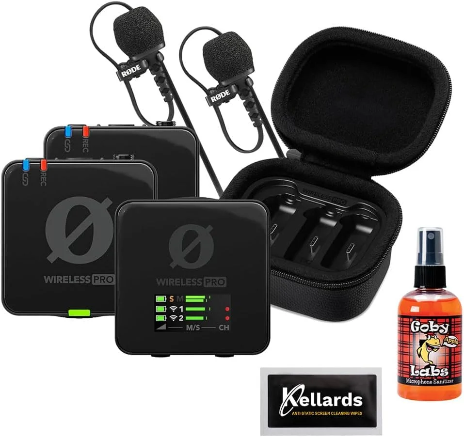 سیستم میکروفون بی‌سیم دو نفره Rode Wireless PRO با گیره و ضبط‌کننده به همراه میکروفون یقه‌ای (2.4 گیگاهرتز) به همراه بسته تمیزکننده میکروفون GLS-104