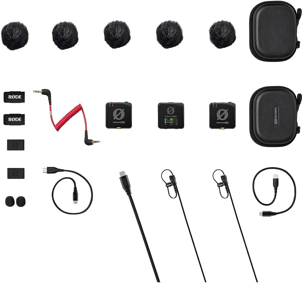 سیستم میکروفون بی‌سیم دو نفره Rode Wireless PRO با گیره و ضبط‌کننده به همراه میکروفون یقه‌ای (2.4 گیگاهرتز) به همراه بسته تمیزکننده میکروفون GLS-104