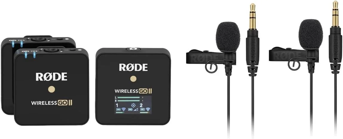 سیستم میکروفون بی‌سیم جمع و جور Rode Wireless GO II با 2 فرستنده و 1 گیرنده - همراه با 2 میکروفون یقه‌ای Rode Lavalier GO حرفه‌ای