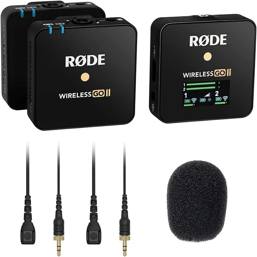 باندل سیستم میکروفون وایرلس دو کاناله Rode Microphones Wireless GO II به همراه 2 عدد میکروفون یقه‌ای اومنی‌دایرکشنال Rode Lavalier II و بسته 3 عددی بادگیر فومی