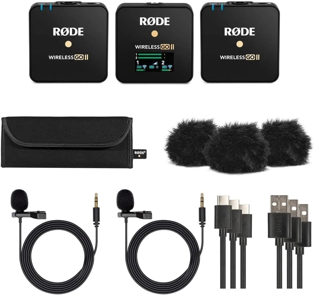 سیستم بی سیم دو کاناله RØDE Wireless Go II با میکروفون های داخلی به همراه خروجی های آنالوگ و دیجیتال USB، شامل 2 عدد فرستنده، به همراه 2 عدد میکروفون یقه ای Turnstile Audio
