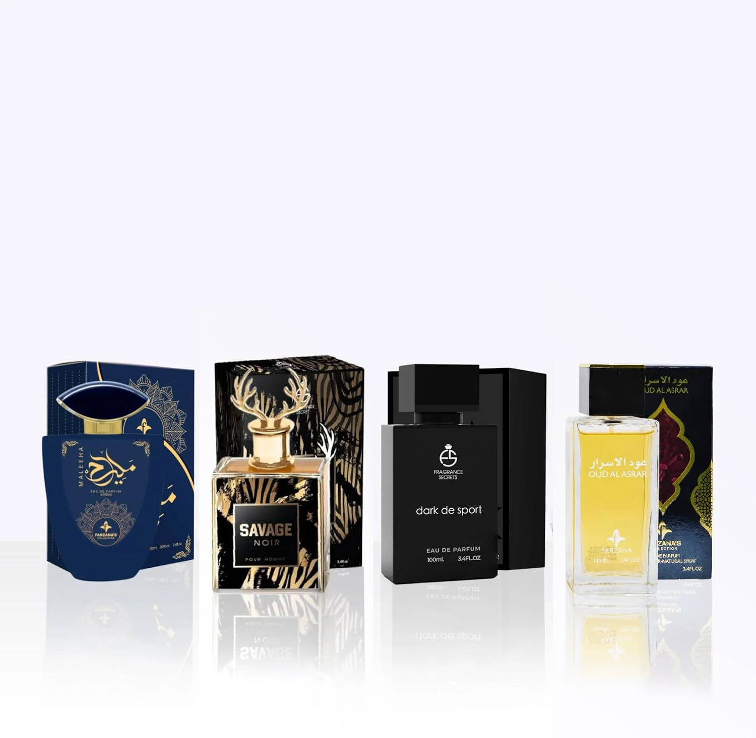 مجموعه 4 عددی عطر - ملکه ادو پرفیوم 100 میلی لیتر، ساواج نویر ادو پرفیوم 100 میلی لیتر، دارک د اسپورت ادو پرفیوم 100 میلی لیتر، عود العسکر ادو پرفیوم 100 میلی لیتر - (یونیسکس) برای مردان/زنان