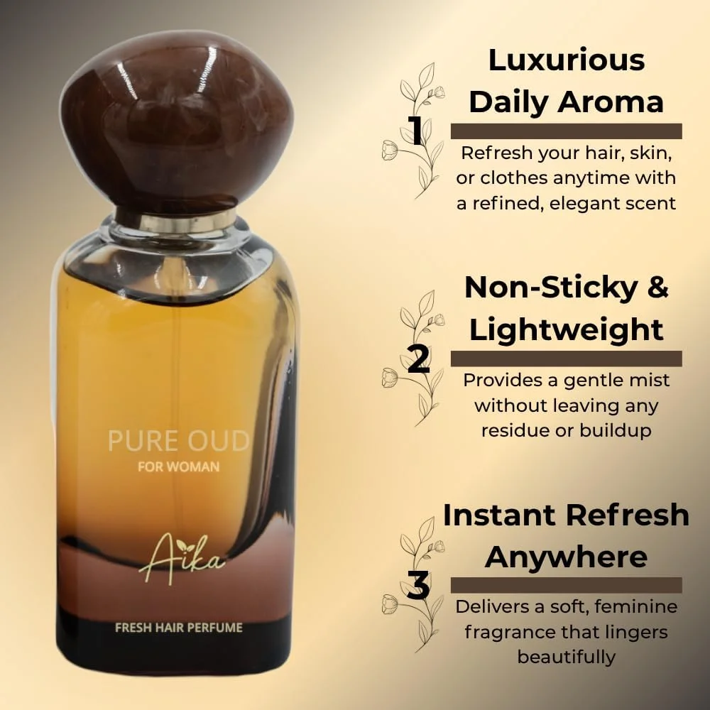 عطر زنانه عود خالص آیکا 50 میلی لیتر، عطر ماندگار زنانه برای بدن و مو، عطرهای بدون الکل زنانه با ترکیب شرقی عود، عنبر و بخور