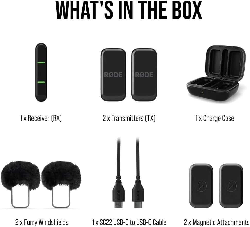 میکروفون بی‌سیم جمع و جور RØDE Wireless Micro، دو میکروفون با جعبه شارژ برای تولید محتوا با تلفن هوشمند - USB-C، مشکی