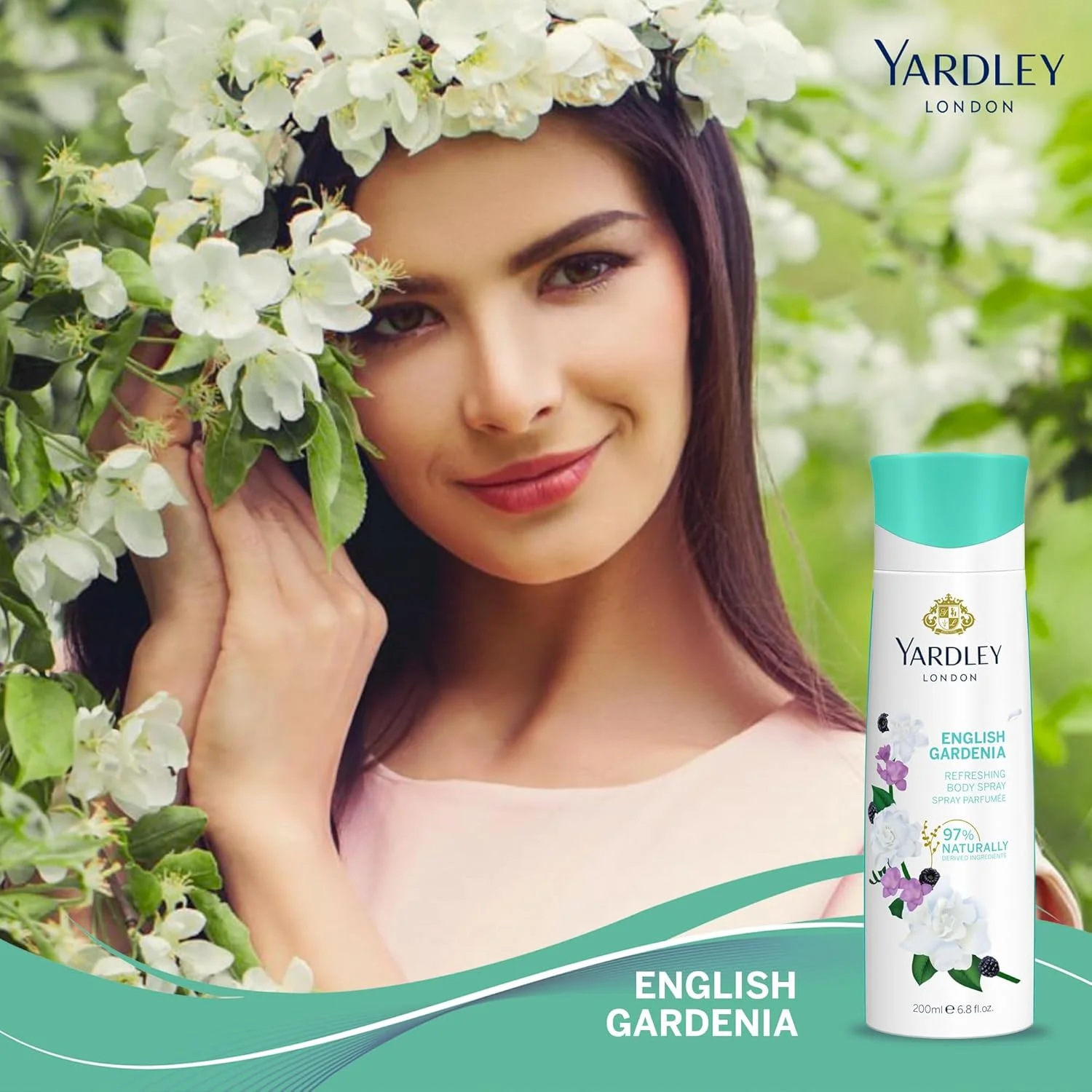 اسپری بدن زنانه یاردلی لندن مدل English Daisy - 200 میلی لیتر، رایحه ای ظریف، شبنم دار، با طراوت، گل های سبز، چوب صندل و مشک، ماندگاری طولانی و محافظت در برابر بو