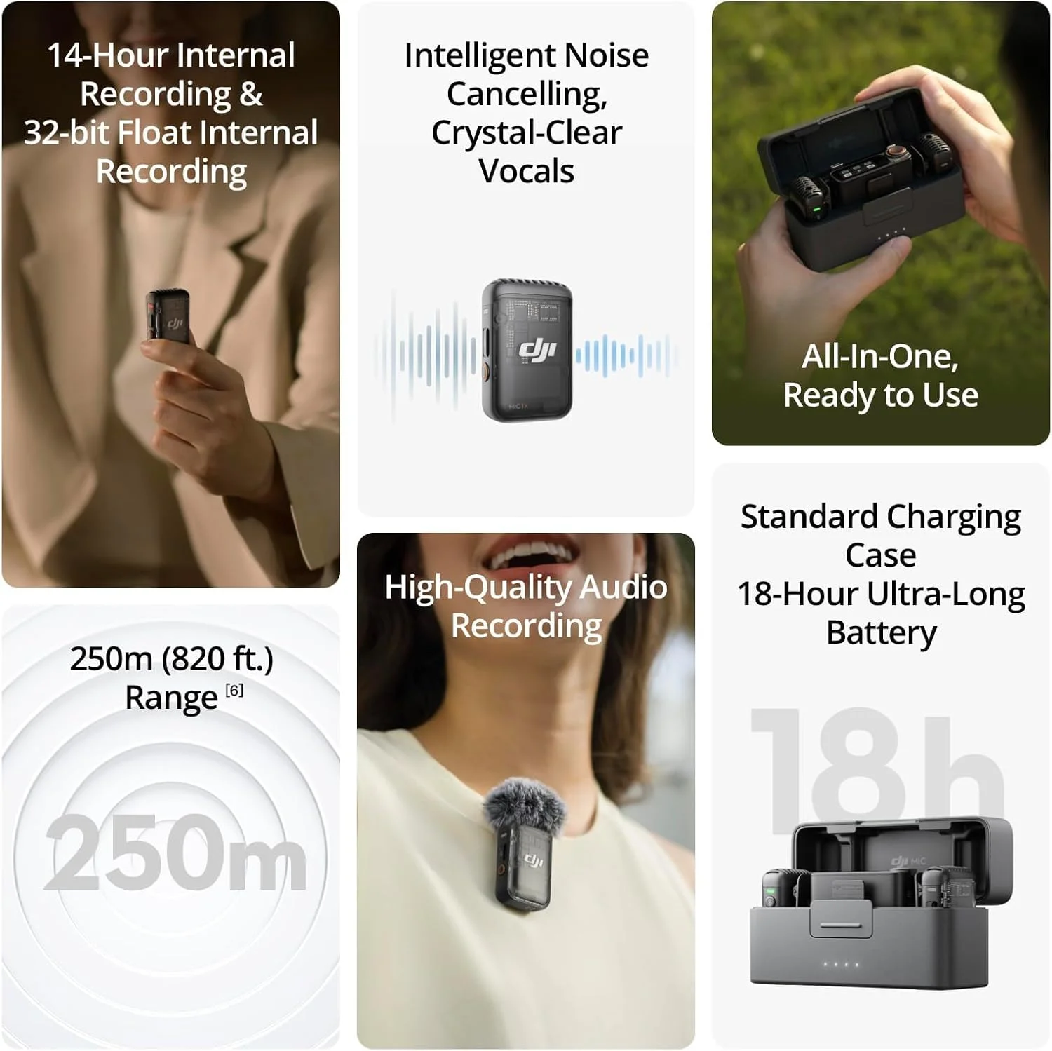 میکروفون بی‌سیم DJI Mic 2 (شامل 2 فرستنده + 1 گیرنده + جعبه شارژ)، میکروفون بی‌سیم، حذف نویز هوشمند، ضبط داخلی 32 بیتی شناور، برد 250 متری (820 فوت) - نسخه امارات با پشتیبانی گارانتی رسمی DJI