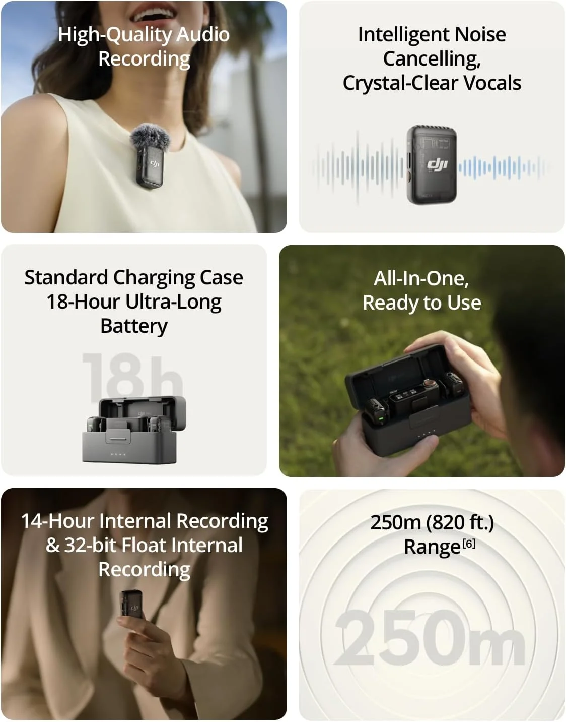 میکروفون بی‌سیم یقه‌ای DJI Mic 2، با قابلیت حذف نویز، ضبط داخلی 48 کیلوهرتز 32 بیتی شناور، برد 250 متری (820 فوت)، باتری 18 ساعته با جعبه شارژ، میکروفون برای دوربین/تلفن، ولاگ، استریمینگ