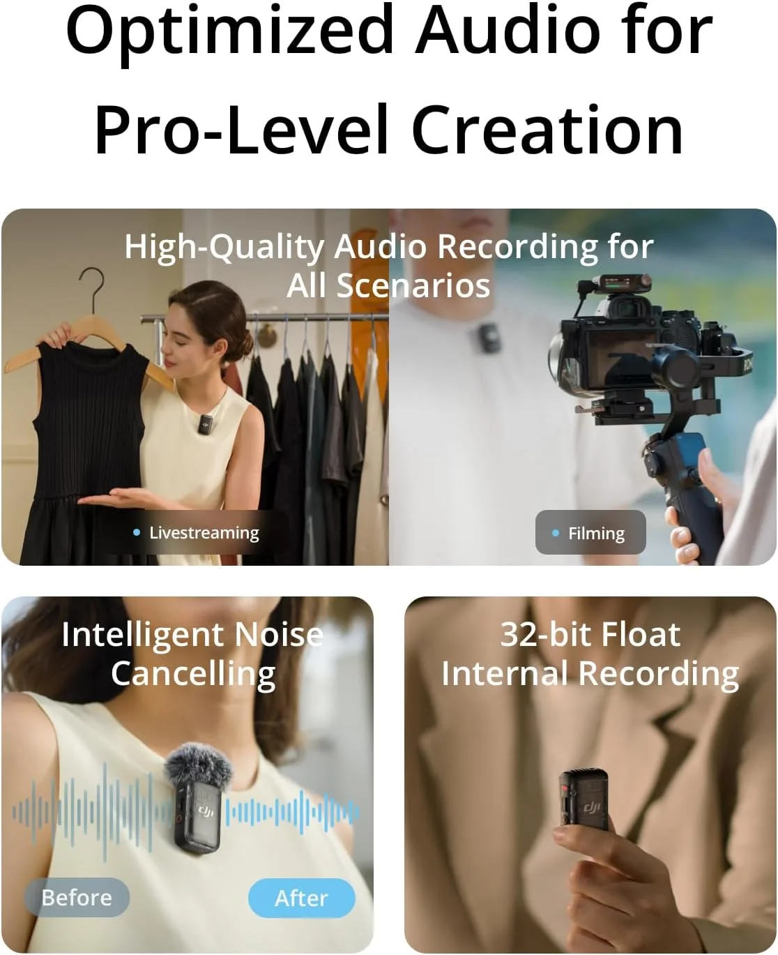 میکروفون بی‌سیم یقه‌ای DJI Mic 2، با قابلیت حذف نویز، ضبط داخلی 48 کیلوهرتز 32 بیتی شناور، برد 250 متری (820 فوت)، باتری 18 ساعته با جعبه شارژ، میکروفون برای دوربین/تلفن، ولاگ، استریمینگ