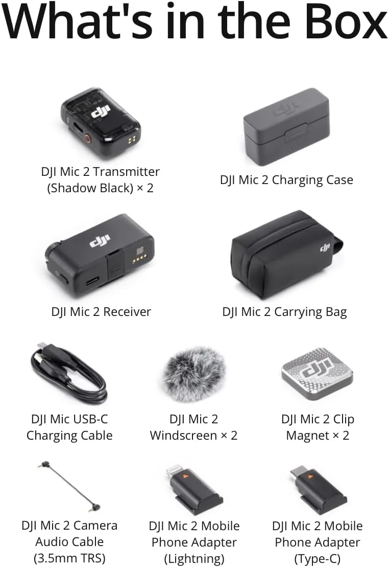 میکروفون بی‌سیم یقه‌ای DJI Mic 2، با قابلیت حذف نویز، ضبط داخلی 48 کیلوهرتز 32 بیتی شناور، برد 250 متری (820 فوت)، باتری 18 ساعته با جعبه شارژ، میکروفون برای دوربین/تلفن، ولاگ، استریمینگ