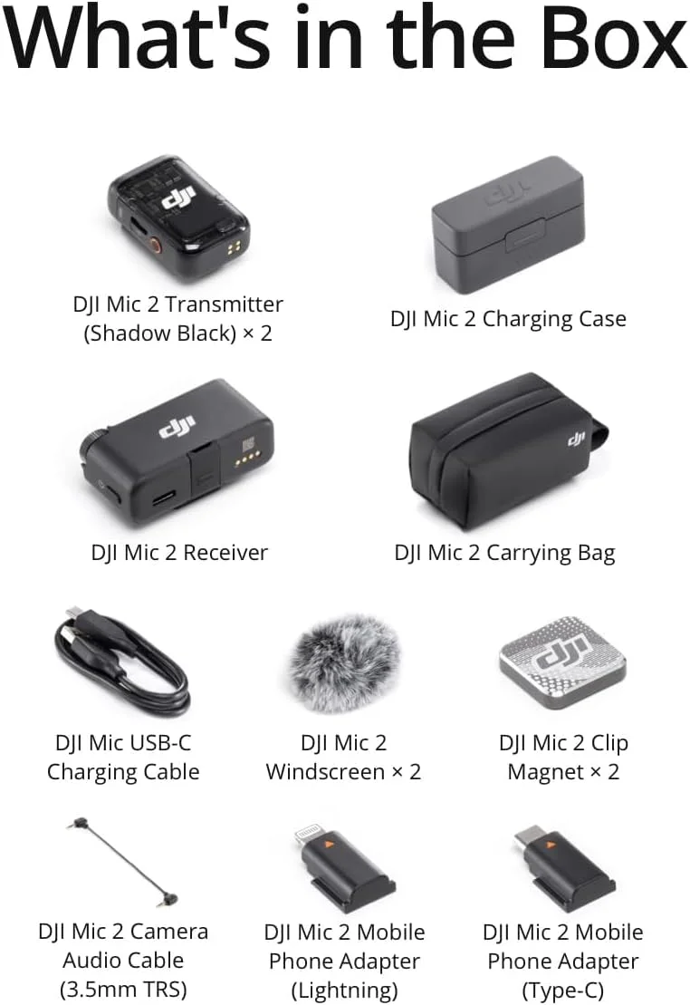 میکروفون بی‌سیم DJI Mic 2 (شامل 2 فرستنده + 1 گیرنده + جعبه شارژ)، میکروفون بی‌سیم، حذف نویز هوشمند، ضبط داخلی 32 بیتی شناور، برد 250 متری (820 فوت) - نسخه امارات با پشتیبانی گارانتی رسمی DJI