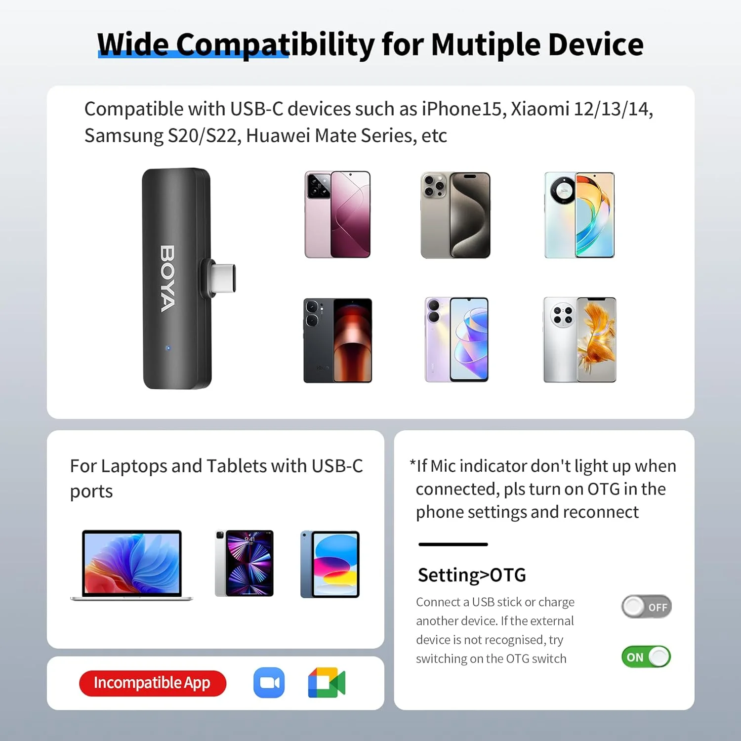 میکروفون بی سیم USB C بویا مدل BY-V4U برای اندروید، میکروفون یقه ای بی سیم کوچک، برد 200 متری با قابلیت حذف نویز، برای ضبط ویدیو، پادکست و مصاحبه