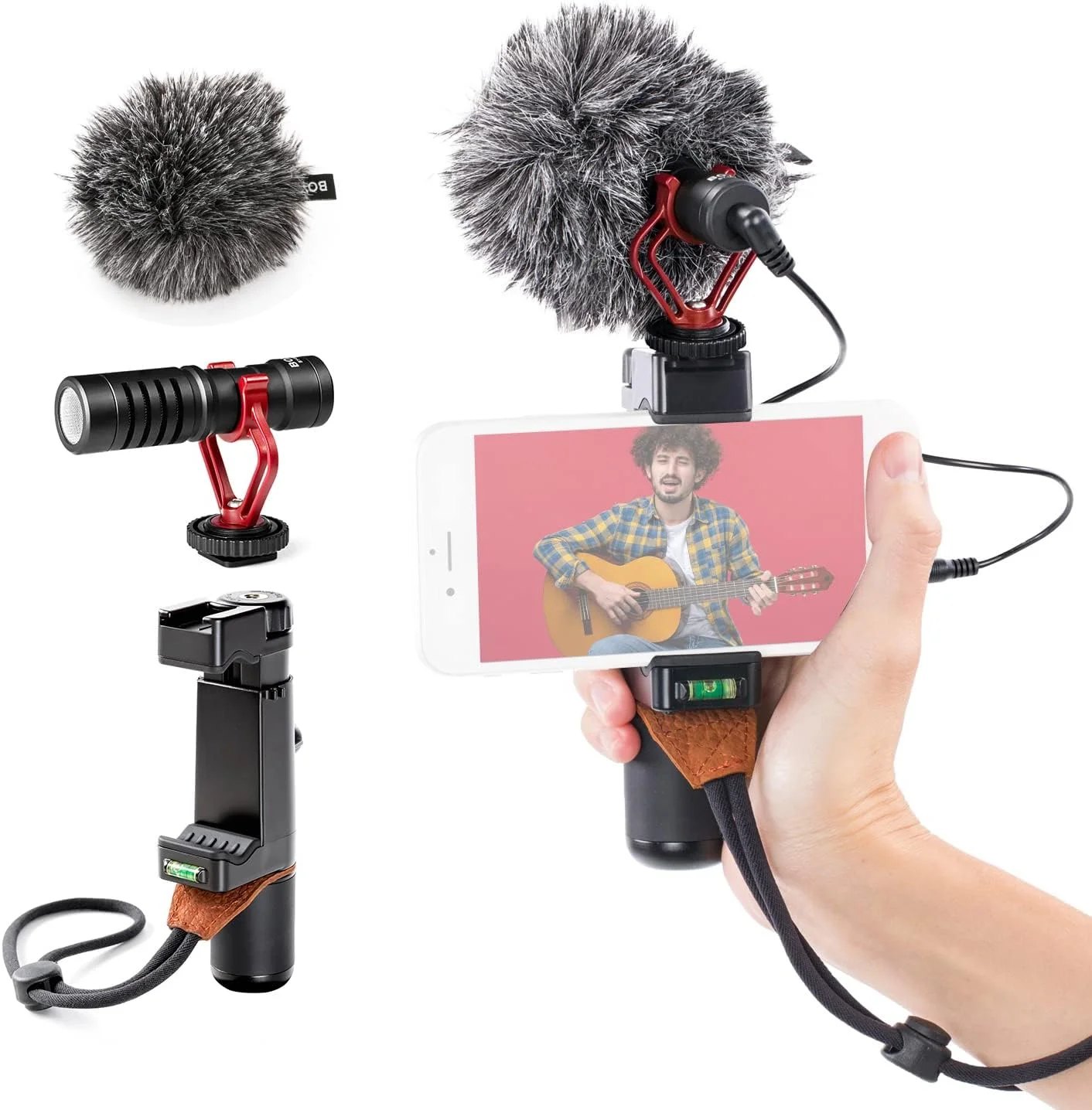 میکروفون شاتگان کاردیوئید BOYA مدل by-MM1 به همراه پایه سلفی SmartGrip مدل SK-PSC1 برای آیفون X 8 7 7 Plus سامسونگ اندروید، دوربین DSLR، کامپیوتر، سه پایه، ولاگ، فیسبوک، لایو استریم، یوتیوب