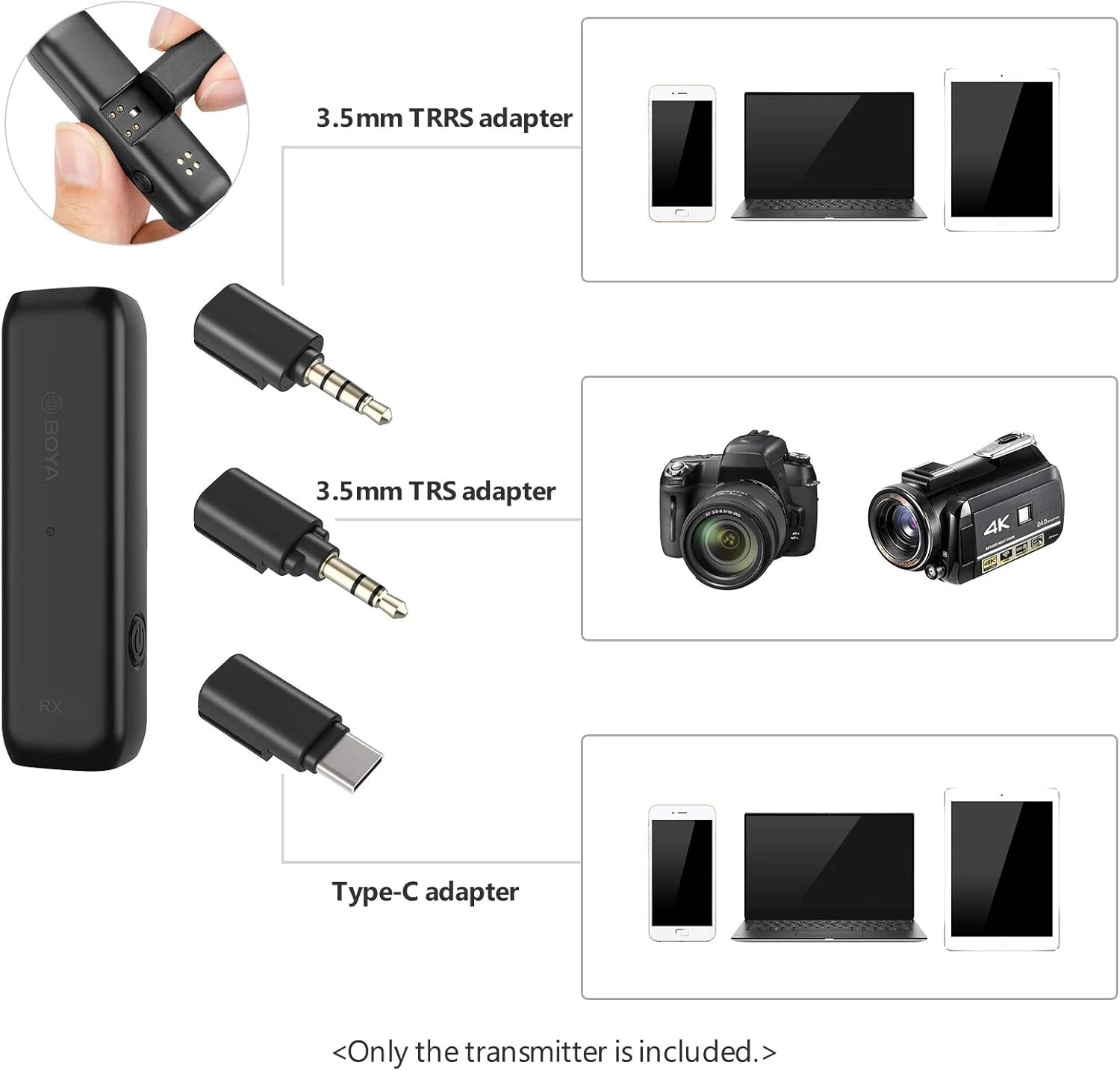میکروفون یقه ای بی سیم مینی BOYA BY-WM3U 2.4G، میکروفون حرفه ای با آداپتور 3.5 میلی متری TRS/TRRS، آداپتور Type-C جایگزین برای دوربین گوشی هوشمند Type-C و نوت بوک میکروفون یقه ای بی سیم مینی BOYA BY-WM3U 2.4G، میکروفون حرفه ای با آداپتور 3.5 میلی متری TRS/TRRS، آداپتور Type-C جایگزین برای دوربین گوشی هوشمند Type-C و نوت بوک
