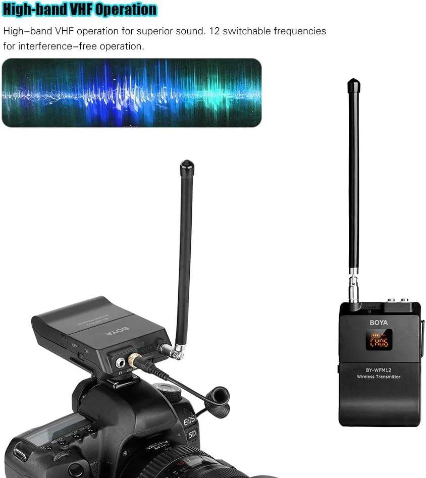 میکروفون بیسیم VHF مدل Entweg BY-WFM12 به همراه فرستنده، گیرنده و میکروفون یقهای Omni-directional، دارای 12 فرکانس قابل تنظیم و جک 3.5 میلیمتری برای تلفنهای هوشمند، دوربینهای DSLR، دوربین فیلمبرداری و صدا میکروفون بیسیم VHF مدل Entweg BY-WFM12 به همراه فرستنده، گیرنده و میکروفون یقهای Omni-directional، دارای 12 فرکانس قابل تنظیم و جک 3.5 میلیمتری برای تلفنهای هوشمند، دوربینهای DSLR، دوربین فیلمبرداری و صدا