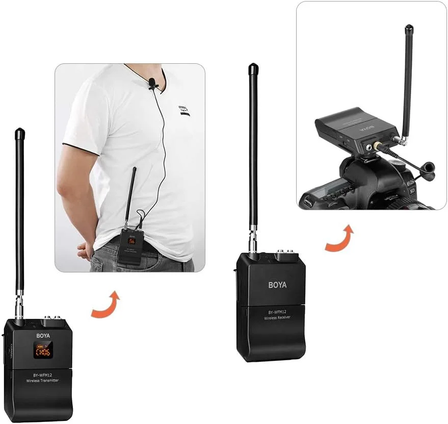 میکروفون بیسیم VHF مدل Entweg BY-WFM12 به همراه فرستنده، گیرنده و میکروفون یقهای Omni-directional، دارای 12 فرکانس قابل تنظیم و جک 3.5 میلیمتری برای تلفنهای هوشمند، دوربینهای DSLR، دوربین فیلمبرداری و صدا میکروفون بیسیم VHF مدل Entweg BY-WFM12 به همراه فرستنده، گیرنده و میکروفون یقهای Omni-directional، دارای 12 فرکانس قابل تنظیم و جک 3.5 میلیمتری برای تلفنهای هوشمند، دوربینهای DSLR، دوربین فیلمبرداری و صدا
