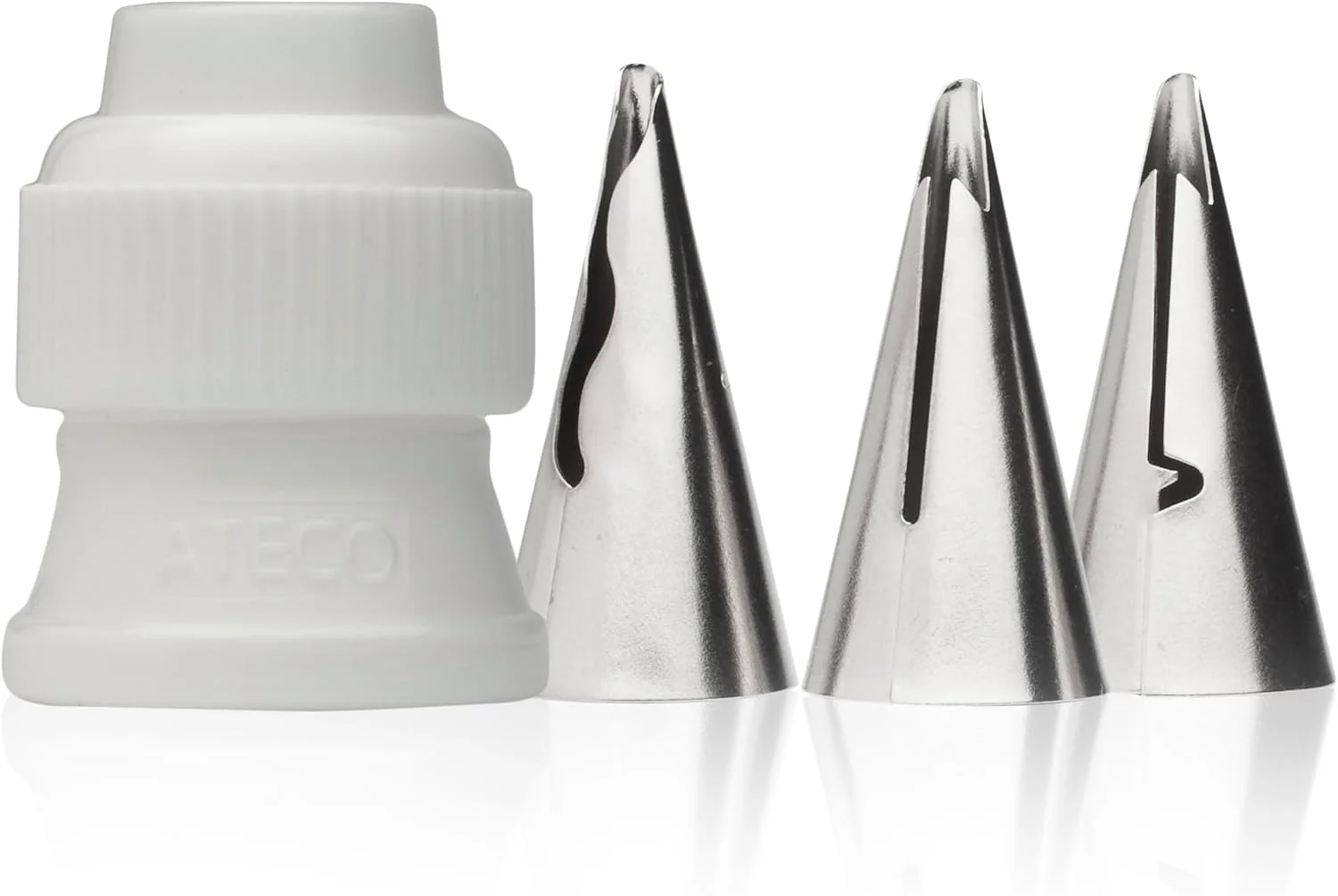 ست 4 عددی ماسوره تزئینی چیندار Ateco، شامل سریهای استیل ضد زنگ: 030، 040، 070 و یک رابط استاندارد ست 4 عددی ماسوره تزئینی چیندار Ateco، شامل سریهای استیل ضد زنگ: 030، 040، 070 و یک رابط استاندارد