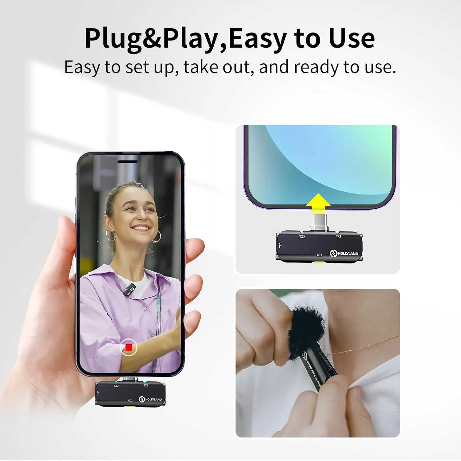 میکروفون یقه ای بی سیم هالی لند Lark C1 برای سری آیفون 16/15 و اندروید، دارای گواهی MFi، اتصال USB C و استفاده آسان، میکروفون یقه ای حذف نویز با انتقال 200 متری، 32 ساعت زمان کار