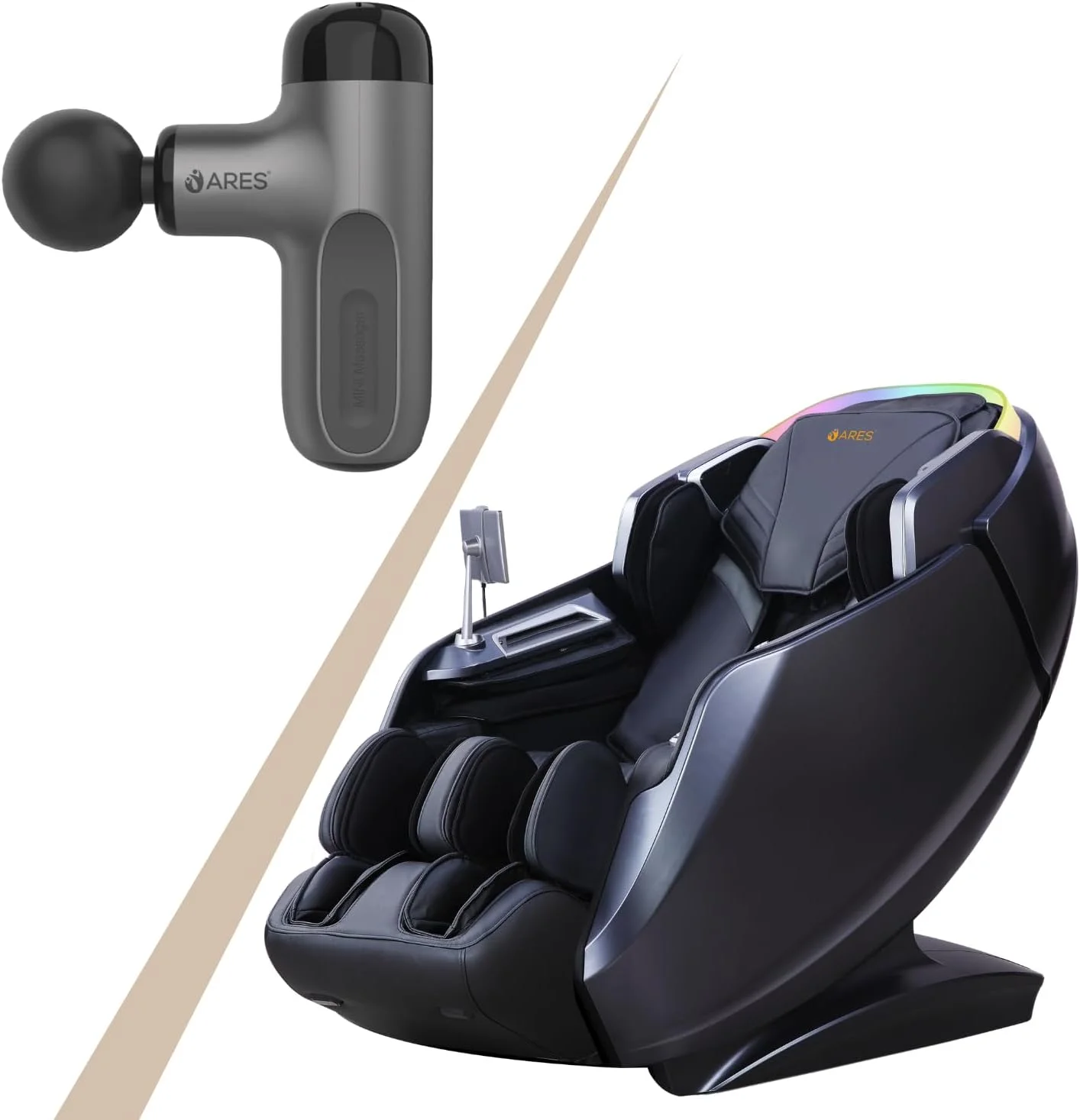 ماساژور تفنگی ARES iHealth + iCute | مکانیزم ماساژ 4D+SL | 20 برنامه | کشش خودکار پا | بررسی سلامتی | درمان گرمایشی | بلندگوهای بلوتوث | شارژر بی سیم (بژ/آبی)