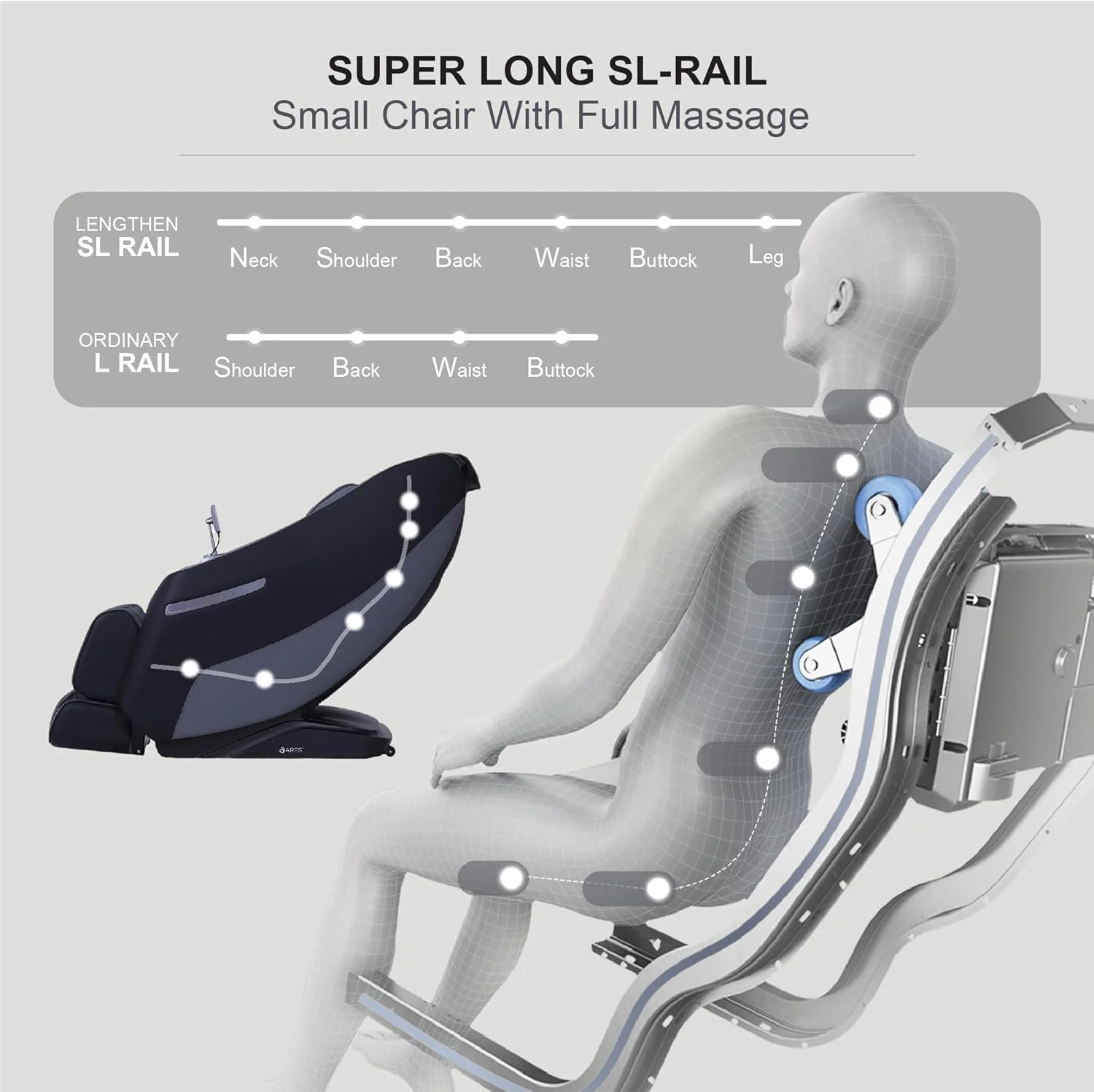 صندلی ماساژ ARES uRoyal (3 سال گارانتی) ماساژ سه بعدی فوق العاده طولانی SL-Track | 12 برنامه ماساژ خودکار | گرمایش | کنترل صوتی | 3 موقعیت بدون جاذبه | بلوتوث دیجیتال سه بعدی (خاکستری با مشکی)