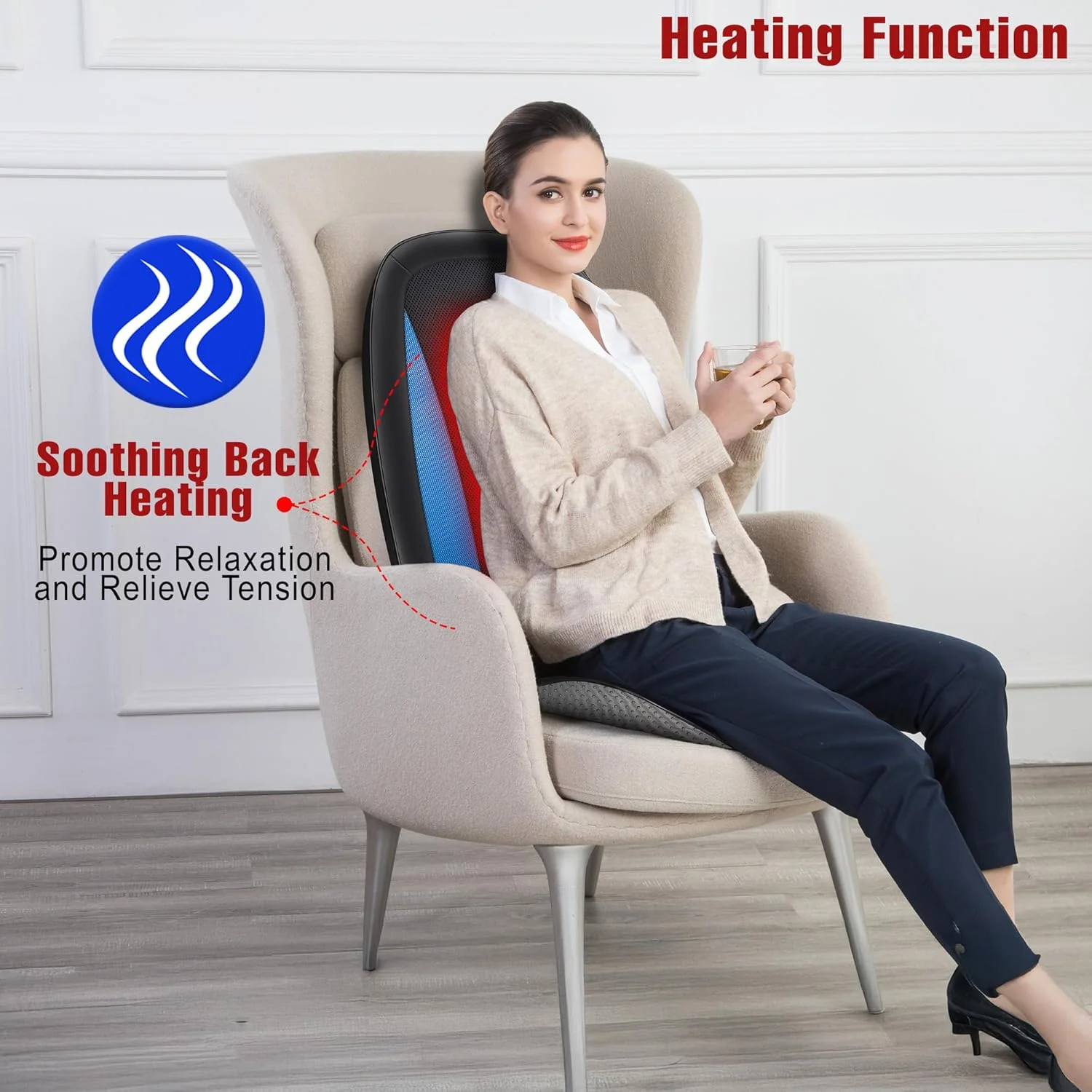 ماساژور شیاتسو کمر SKY LAND با گرما | کوسن ماساژور صندلی با ورز دادن عمیق بافت برای کل کمر | گرمای تسکین دهنده، لرزش و مناطق قابل تنظیم | پد صندلی برای خانه و دفتر - هدیه ایده آل EM-5229