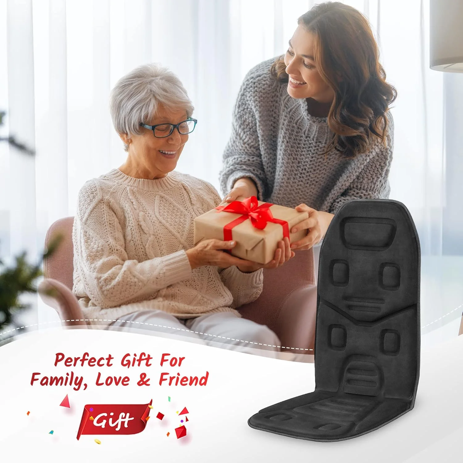 ماساژور پشتی کمرفیر با گرما، ماساژور ویبره ای صندلی با کنترل برنامه، دارای 10 موتور و 3 سطح گرما، پد ماساژور صندلی، هدیه برای مادر، پدر، استفاده در خانه و محل کار، مشکی