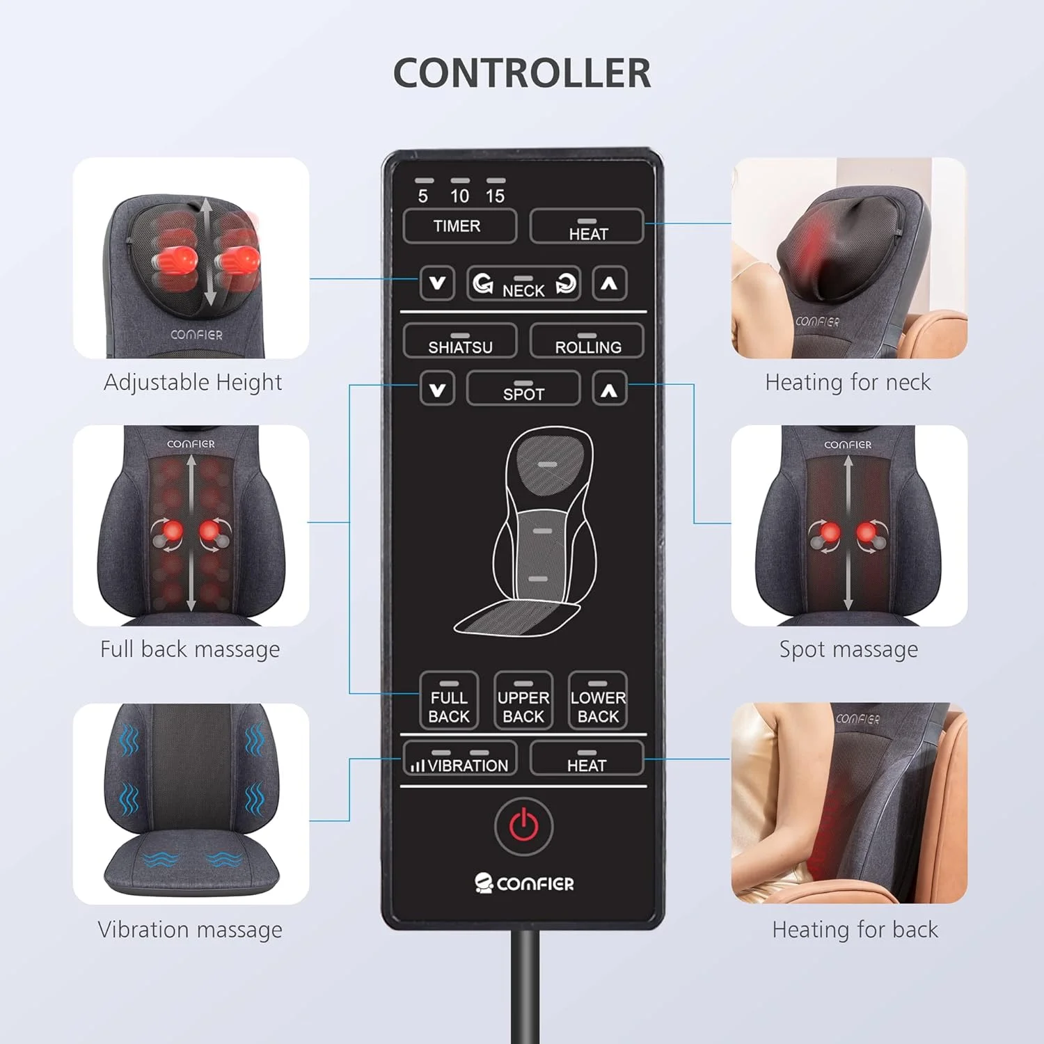 ماساژور گردن و کمر گرمایشی Comfier، ماساژور صندلی با قابلیت تنظیم ارتفاع برای گردن و شانه ها، پد صندلی ماساژ شیاتسو برای پشتیبانی از کمر، هدیه برای پدر، مادر، خاکستری ماساژور گردن و کمر گرمایشی Comfier، ماساژور صندلی با قابلیت تنظیم ارتفاع برای گردن و شانه ها، پد صندلی ماساژ شیاتسو برای پشتیبانی از کمر، هدیه برای پدر، مادر، خاکستری