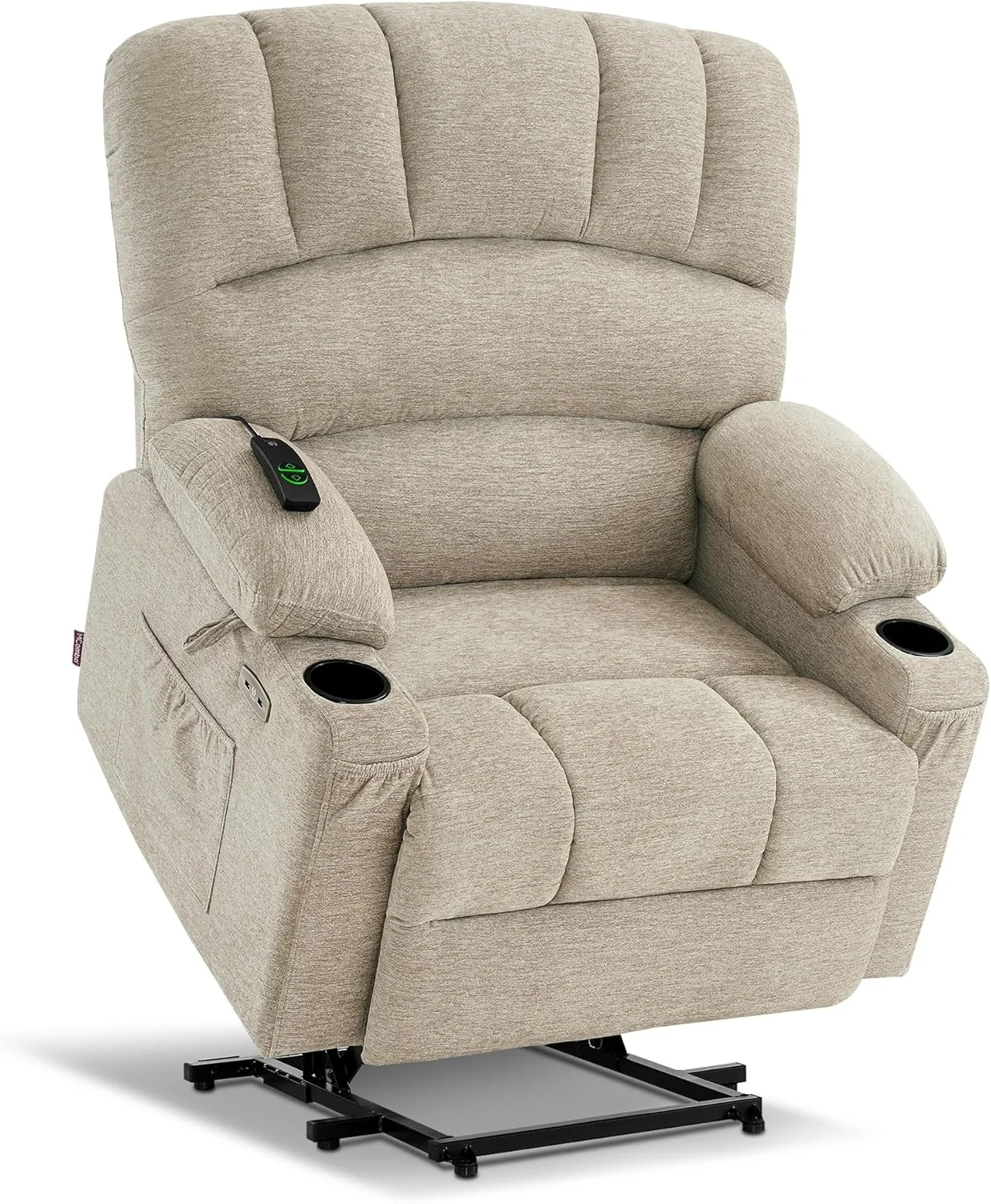 صندلی ریکلایزر برقی MCombo با ماساژ و گرمایش برای سالمندان، دارای جا لیوانی و پورت USB، جیب های جانبی، پارچه R7092 (بژ، بزرگ و پهن)