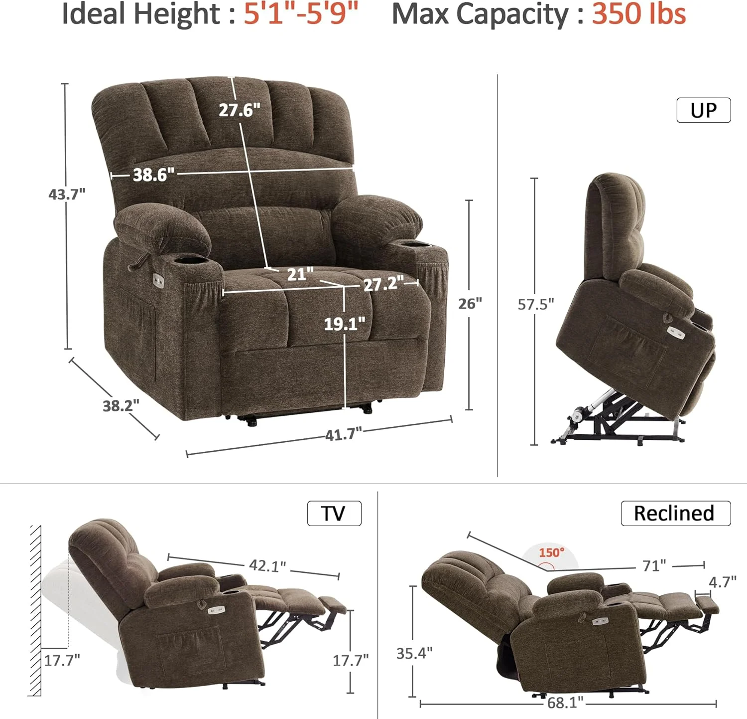 صندلی ریلکسی برقی ماساژور و گرمایشی MCombo مناسب سالمندان بزرگسال، دارای جا لیوانی، پورت USB، جیب های جانبی، جنس پارچه مدل R7096 (متوسط، قهوه ای)