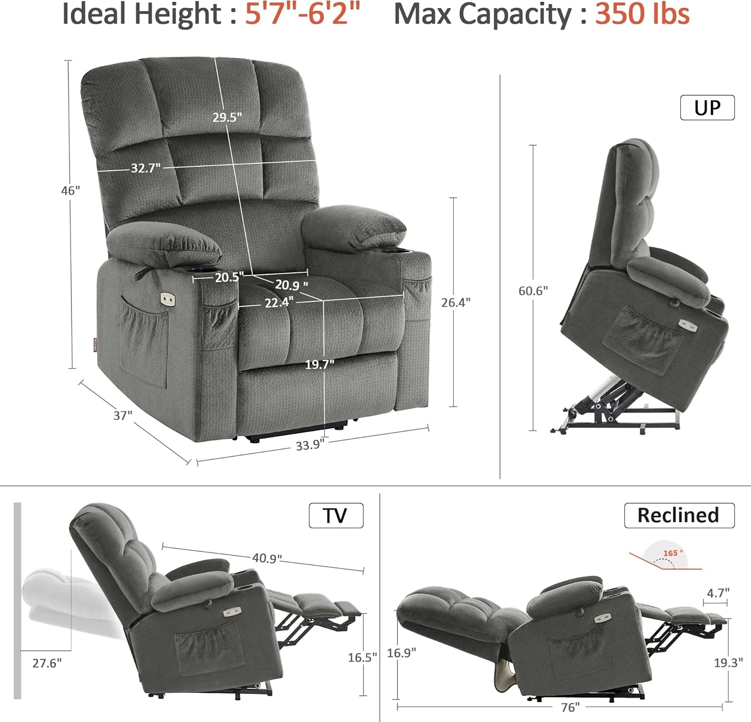 MCombo - صندلی ریلکسی بزرگ دو موتوره با ماساژ و گرمایش برای افراد قد بلند و سالمندان، موقعیت نامحدود، دکمه شروع، پارچه 7680 (خاکستری، بزرگ) MCombo - صندلی ریلکسی بزرگ دو موتوره با ماساژ و گرمایش برای افراد قد بلند و سالمندان، موقعیت نامحدود، دکمه شروع، پارچه 7680 (خاکستری، بزرگ)