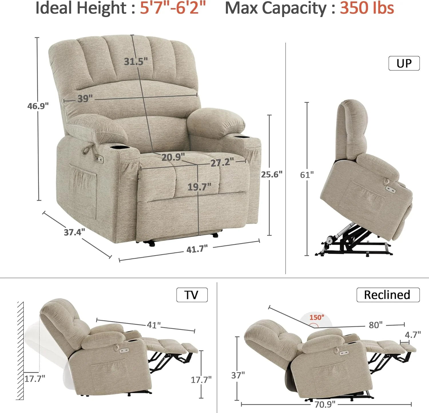 صندلی ریکلایزر برقی MCombo با ماساژ و گرمایش برای سالمندان، دارای جا لیوانی و پورت USB، جیب های جانبی، پارچه R7092 (بژ، بزرگ و پهن) صندلی ریکلایزر برقی MCombo با ماساژ و گرمایش برای سالمندان، دارای جا لیوانی و پورت USB، جیب های جانبی، پارچه R7092 (بژ، بزرگ و پهن)