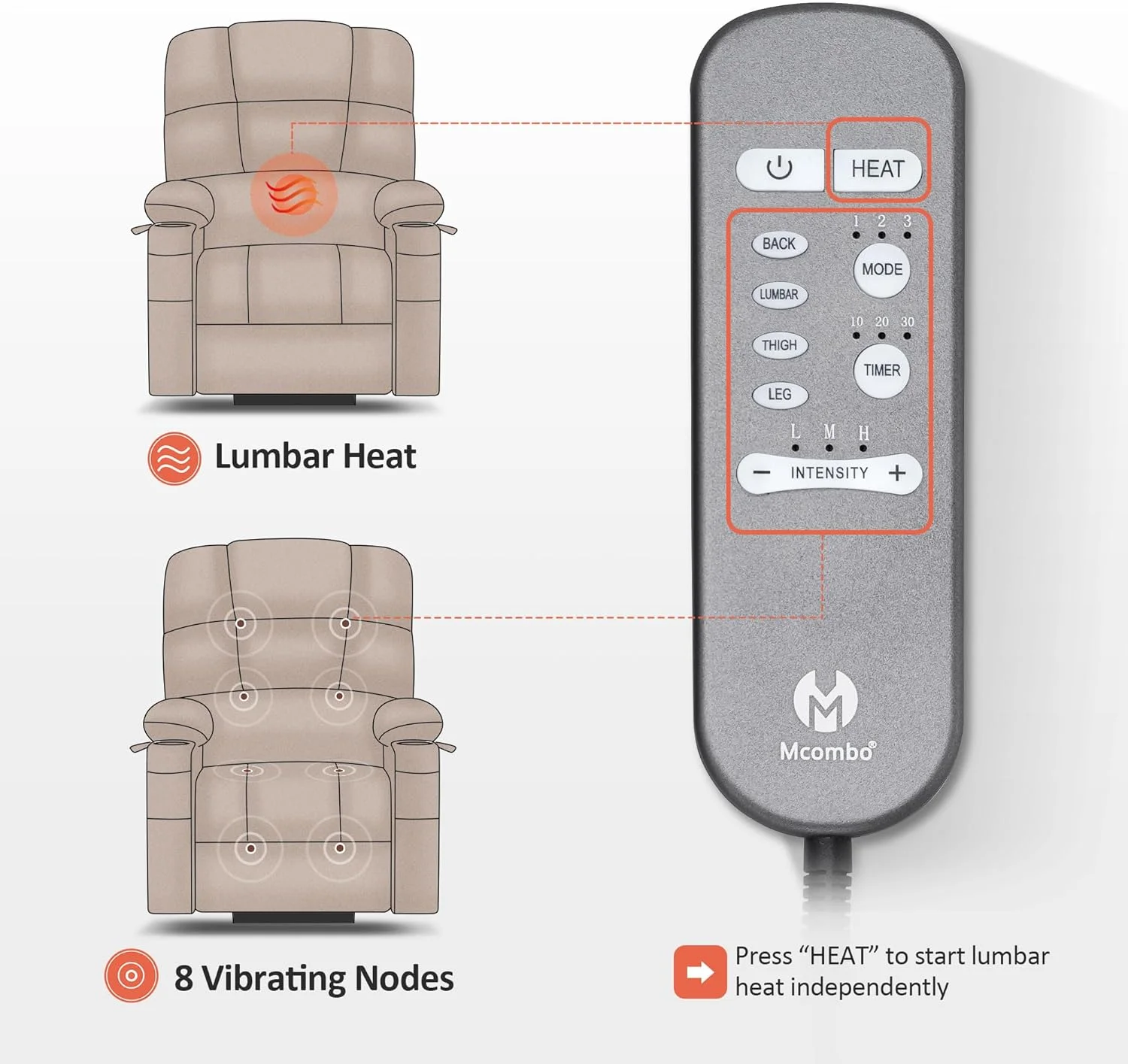 MCombo - صندلی ریلکسی بزرگ دو موتوره با ماساژ و گرمایش برای افراد قد بلند و سالمندان، موقعیت نامحدود، دکمه شروع، پارچه 7680 (خاکستری، بزرگ) MCombo - صندلی ریلکسی بزرگ دو موتوره با ماساژ و گرمایش برای افراد قد بلند و سالمندان، موقعیت نامحدود، دکمه شروع، پارچه 7680 (خاکستری، بزرگ)