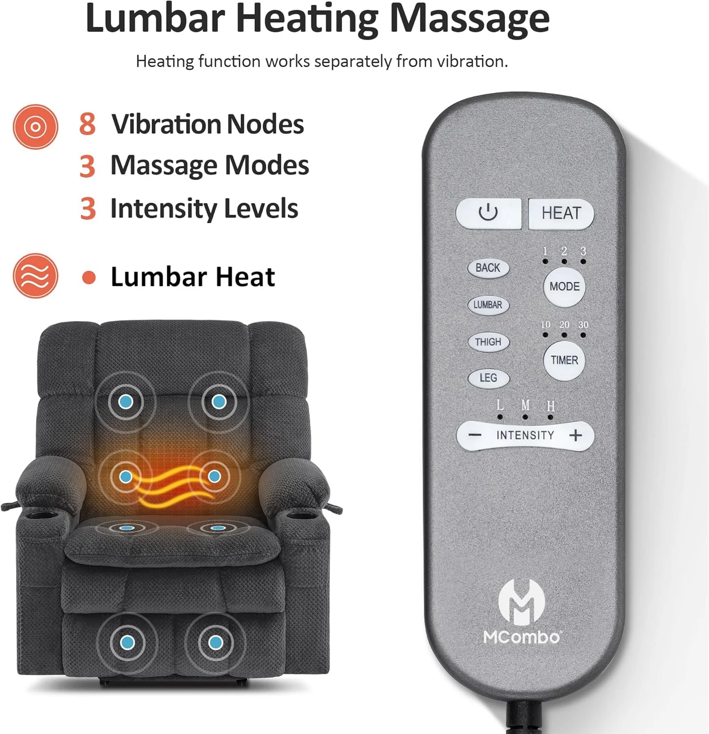 MCombo - صندلی ریکلایزر دو موتوره با ماساژ و گرمایش برای سالمندان بزرگسال، موقعیت بی نهایت، پورت های USB، پارچه R7897 (خاکستری تیره، عرض متوسط) MCombo - صندلی ریکلایزر دو موتوره با ماساژ و گرمایش برای سالمندان بزرگسال، موقعیت بی نهایت، پورت های USB، پارچه R7897 (خاکستری تیره، عرض متوسط)