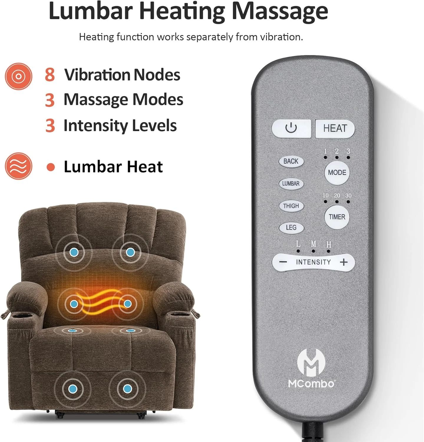 صندلی ریلکسی برقی ماساژور و گرمایشی MCombo مناسب سالمندان بزرگسال، دارای جا لیوانی، پورت USB، جیب های جانبی، جنس پارچه مدل R7096 (متوسط، قهوه ای)