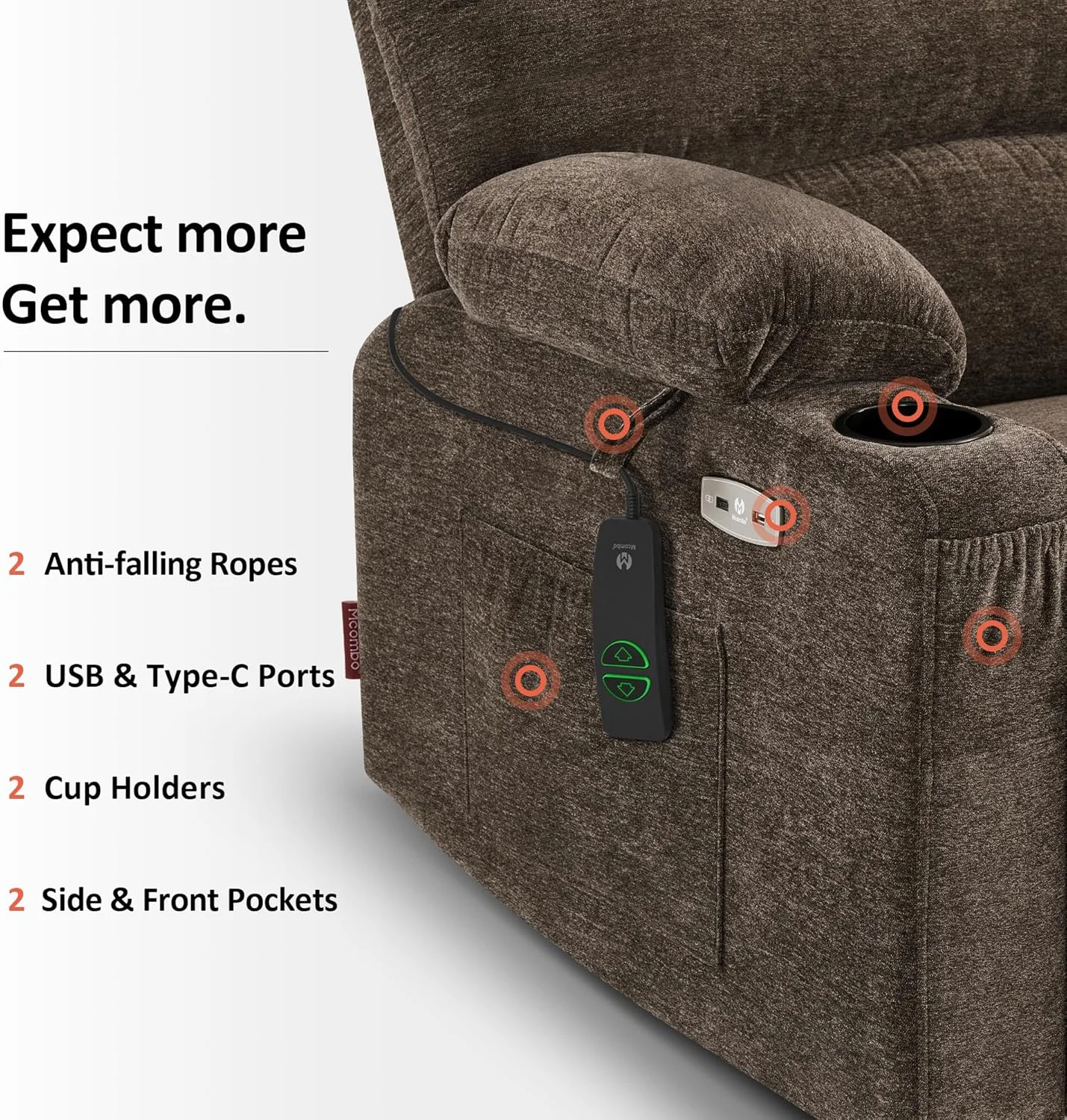 صندلی ریلکسی برقی ماساژور و گرمایشی MCombo مناسب سالمندان بزرگسال، دارای جا لیوانی، پورت USB، جیب های جانبی، جنس پارچه مدل R7096 (متوسط، قهوه ای)