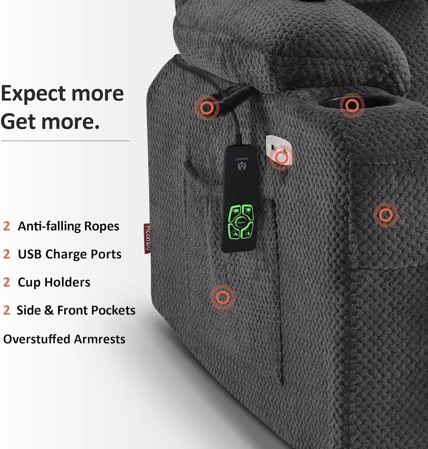 MCombo - صندلی ریکلایزر دو موتوره با ماساژ و گرمایش برای سالمندان بزرگسال، موقعیت بی نهایت، پورت های USB، پارچه R7897 (خاکستری تیره، عرض متوسط) MCombo - صندلی ریکلایزر دو موتوره با ماساژ و گرمایش برای سالمندان بزرگسال، موقعیت بی نهایت، پورت های USB، پارچه R7897 (خاکستری تیره، عرض متوسط)