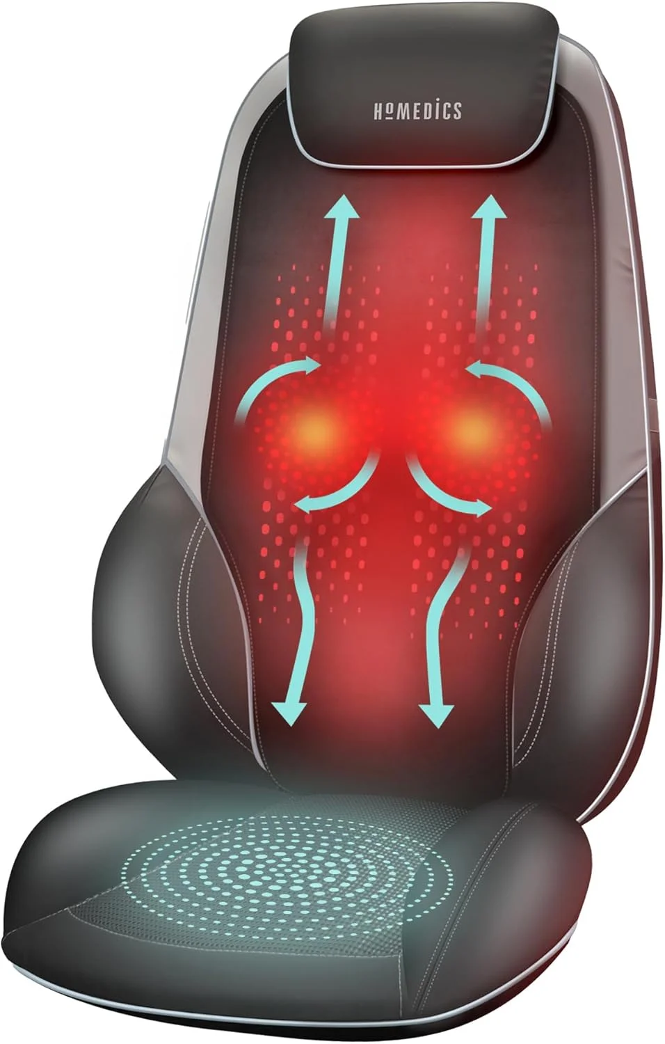 ماساژور شیاتسو برقی کمر و شانه هومدیکس ShiatsuMax 2.0 با گرمایش، پشتیبانی از شانه، کمر و قسمت بالای پا با ویبره چرخشی برای تسکین عمیق عضلات، زیر سری قابل تنظیم و روکش پشتی - خاکستری