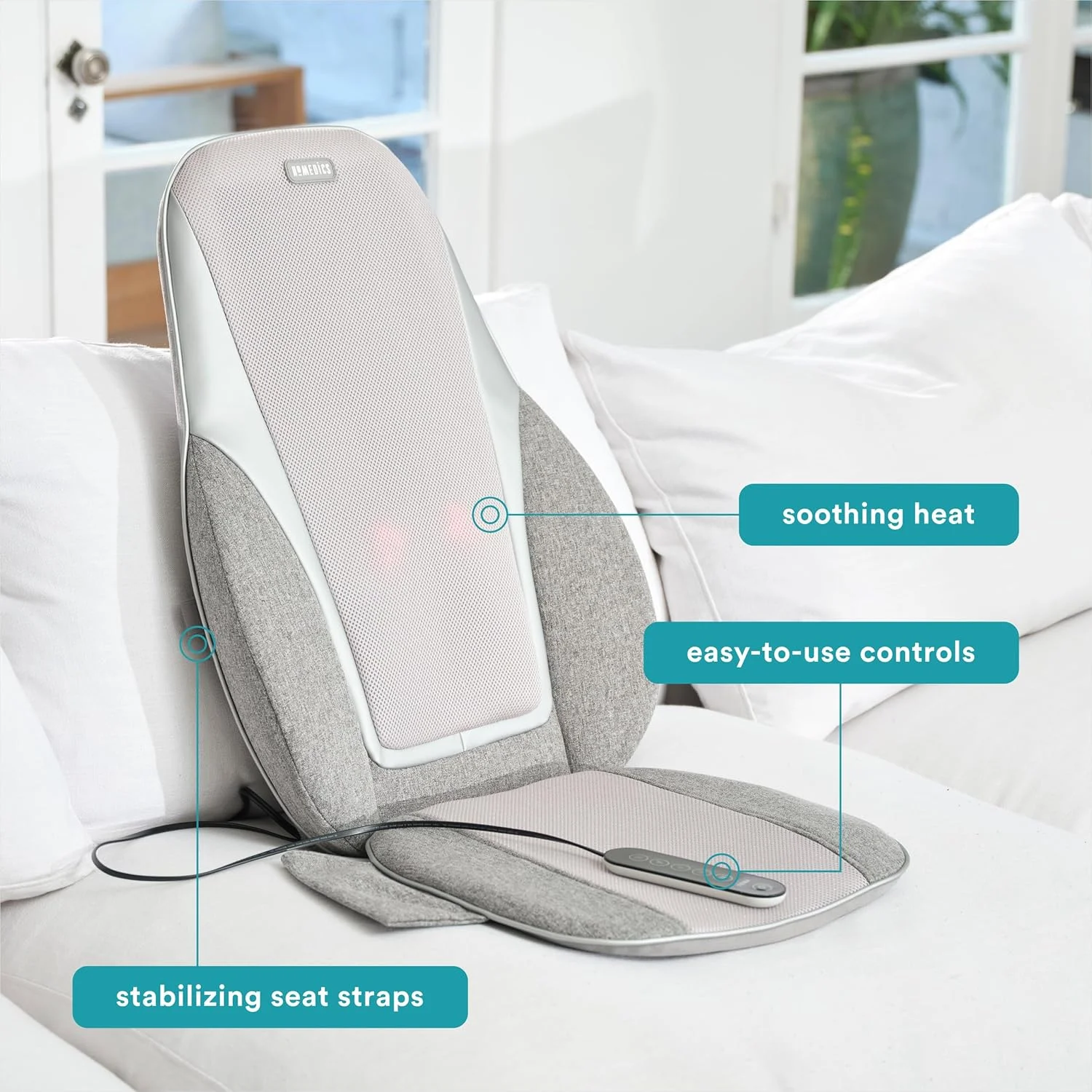 کوسن ماساژور شیاتسو + ورزشی و ویبره ای هومدیکس با گرما، ورز عمیق، ریموت کنترل دستی، امواج ویبره ای کمری، 3 ناحیه ماساژ، بالا، پایین، کل کمر، مناسب برای اکثر صندلی ها، پارچه درجه یک