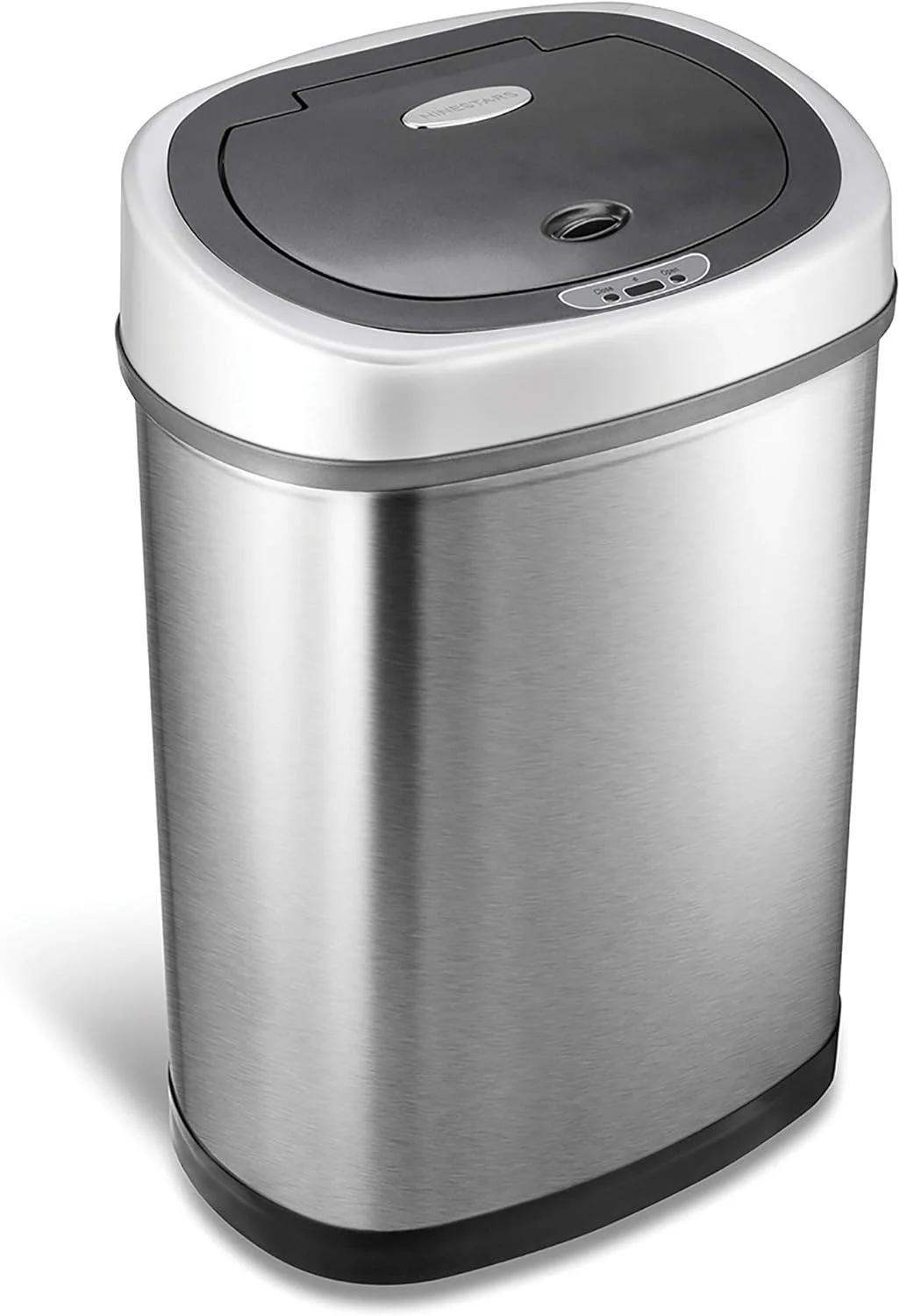 سطل زباله سنسوردار اتوماتیک NINESTARS DZT-42-9، ظرفیت 42 لیتر (11 گالن)، پایه استیل ضد زنگ (بیضی، درب نقره ای/مشکی)
