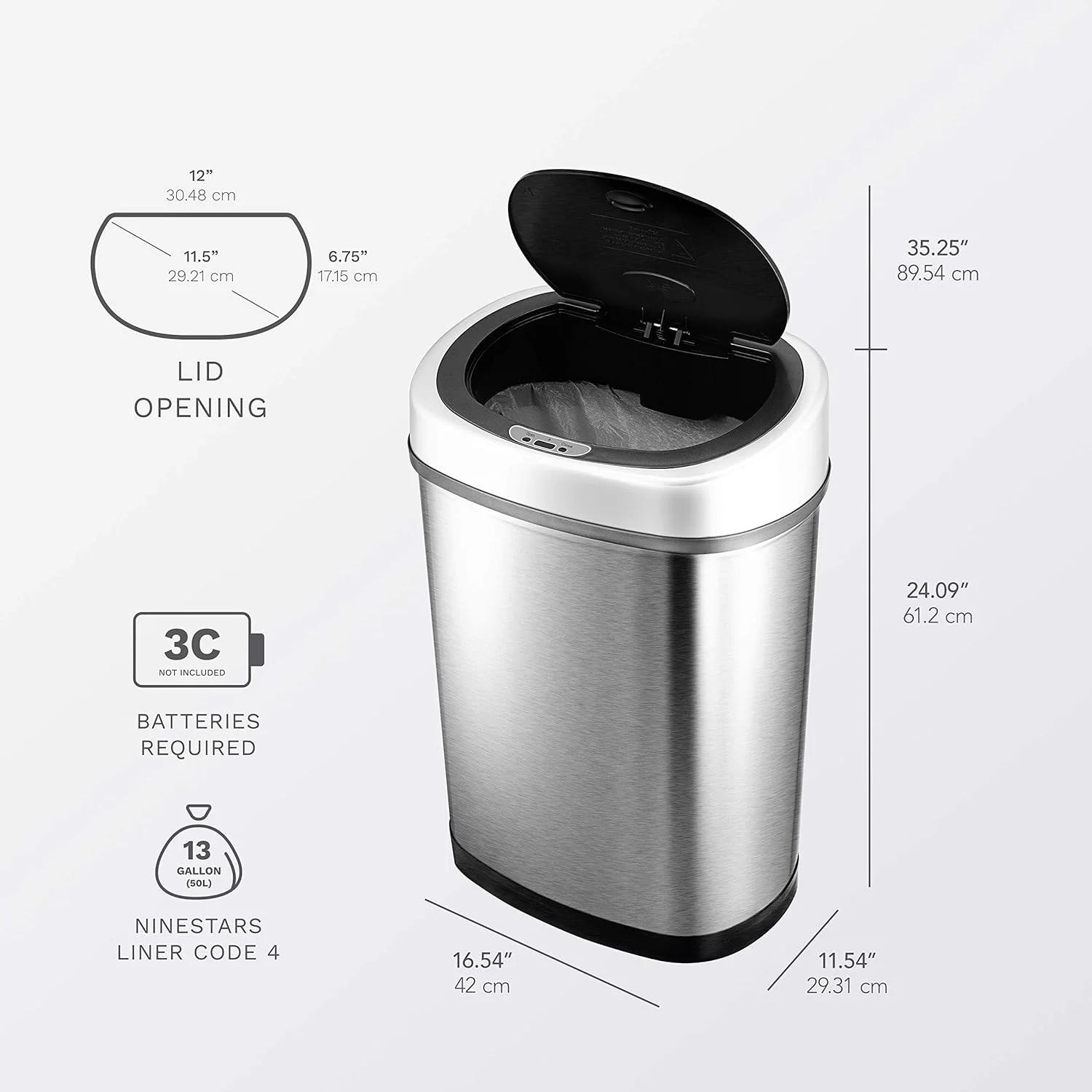 سطل زباله سنسوردار اتوماتیک NINESTARS DZT-42-9، ظرفیت 42 لیتر (11 گالن)، پایه استیل ضد زنگ (بیضی، درب نقره ای/مشکی)