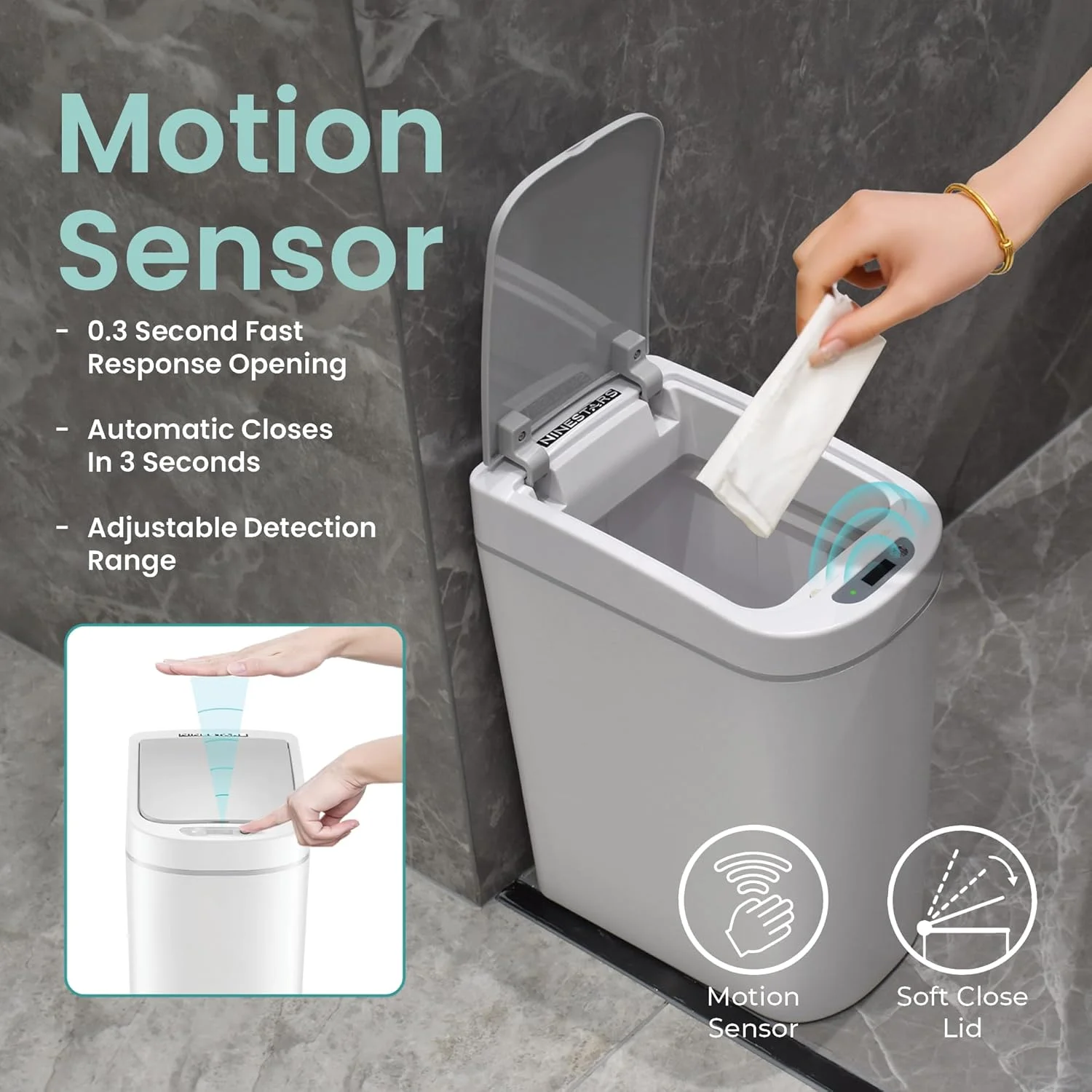 سطل زباله سنسور دار اتوماتیک نایین استارز مدل AMZ-7-2 مناسب حمام، ظرفیت 7 لیتر، پلاستیک ABS (باریک، سفید)