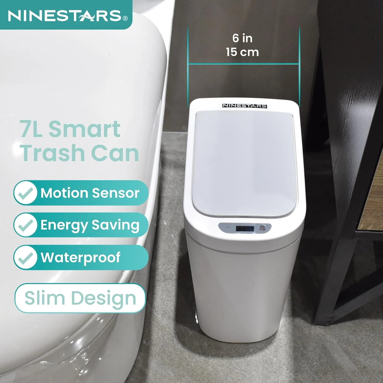سطل زباله سنسور دار اتوماتیک نایین استارز مدل AMZ-7-2 مناسب حمام، ظرفیت 7 لیتر، پلاستیک ABS (باریک، سفید)