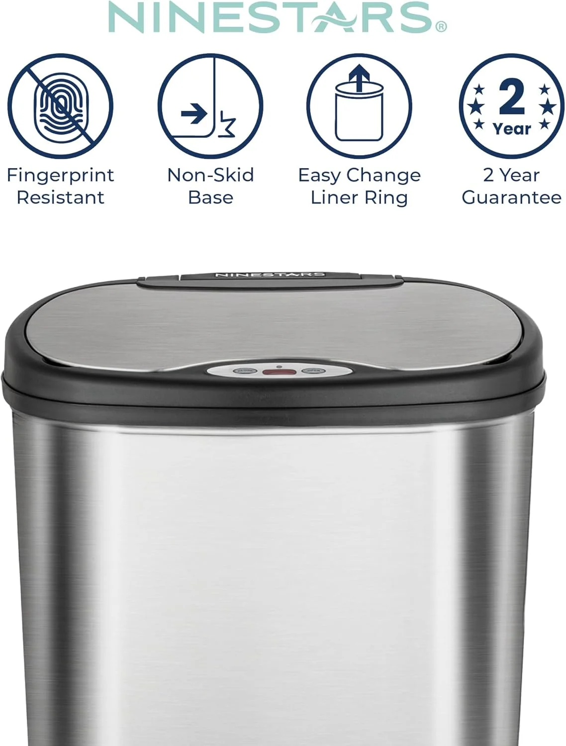 سطل زباله استیل 50 لیتری اتوماتیک بدون لمس Ninestars مدل DZT-50-13 با سنسور حرکتی و مکانیزم درب بسیار بادوام برای خانه، آشپزخانه و دفتر سطل زباله استیل 50 لیتری اتوماتیک بدون لمس Ninestars مدل DZT-50-13 با سنسور حرکتی و مکانیزم درب بسیار بادوام برای خانه، آشپزخانه و دفتر