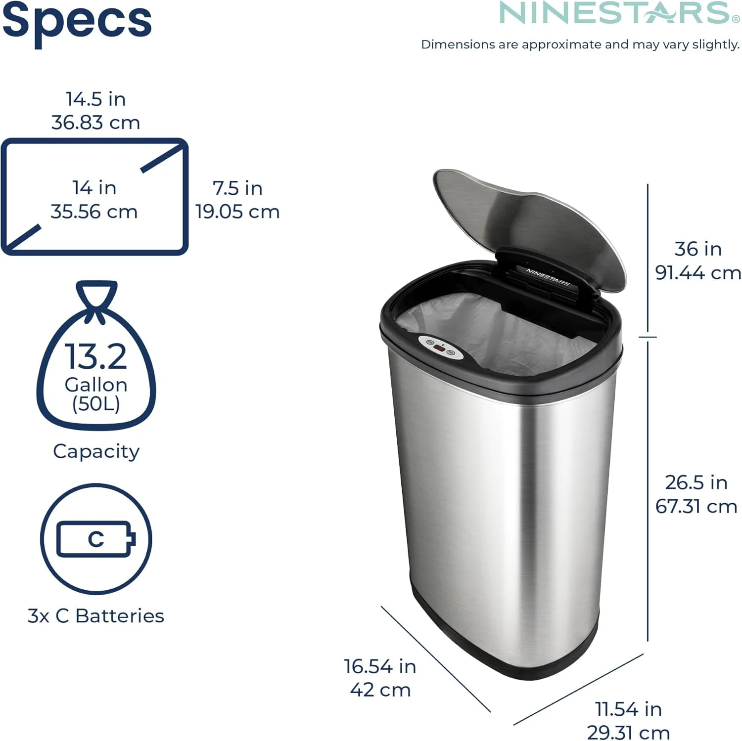 سطل زباله استیل 50 لیتری اتوماتیک بدون لمس Ninestars مدل DZT-50-13 با سنسور حرکتی و مکانیزم درب بسیار بادوام برای خانه، آشپزخانه و دفتر سطل زباله استیل 50 لیتری اتوماتیک بدون لمس Ninestars مدل DZT-50-13 با سنسور حرکتی و مکانیزم درب بسیار بادوام برای خانه، آشپزخانه و دفتر