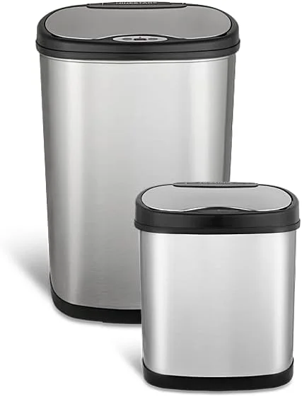 ست سطل زباله اتوماتیک بدون لمس سنسور حرکتی مادون قرمز NINESTARS CB-DZT-50-13/12-13، 13 گالن 50 لیتری و 3 گالن 12 لیتری، پایه استیل ضد زنگ (بیضی، درب نقره ای/مشکی) ست سطل زباله اتوماتیک بدون لمس سنسور حرکتی مادون قرمز NINESTARS CB-DZT-50-13/12-13، 13 گالن 50 لیتری و 3 گالن 12 لیتری، پایه استیل ضد زنگ (بیضی، درب نقره ای/مشکی)