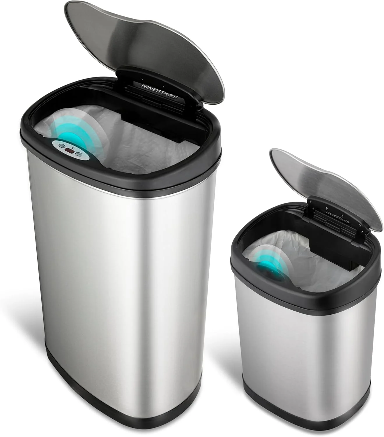 ست سطل زباله اتوماتیک بدون لمس سنسور حرکتی مادون قرمز NINESTARS CB-DZT-50-13/12-13، 13 گالن 50 لیتری و 3 گالن 12 لیتری، پایه استیل ضد زنگ (بیضی، درب نقره ای/مشکی) ست سطل زباله اتوماتیک بدون لمس سنسور حرکتی مادون قرمز NINESTARS CB-DZT-50-13/12-13، 13 گالن 50 لیتری و 3 گالن 12 لیتری، پایه استیل ضد زنگ (بیضی، درب نقره ای/مشکی)