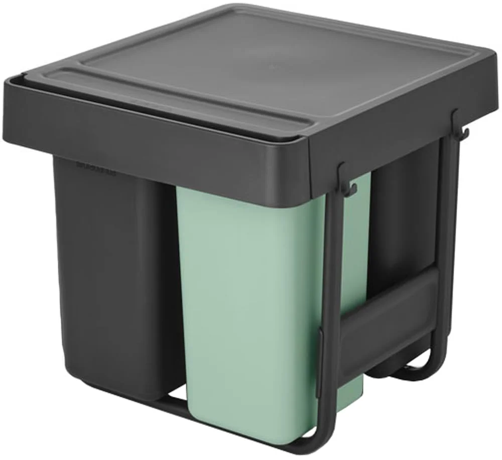 سطل زباله کشویی Brabantia Sort & Go | سطل زباله توکار 15 + 15 + 20 لیتری زیر سینک آشپزخانه | واحد بازیافت سه گانه کشویی یکپارچه، ریل های روان، سطل های قابل جابجایی | خاکستری و سبز