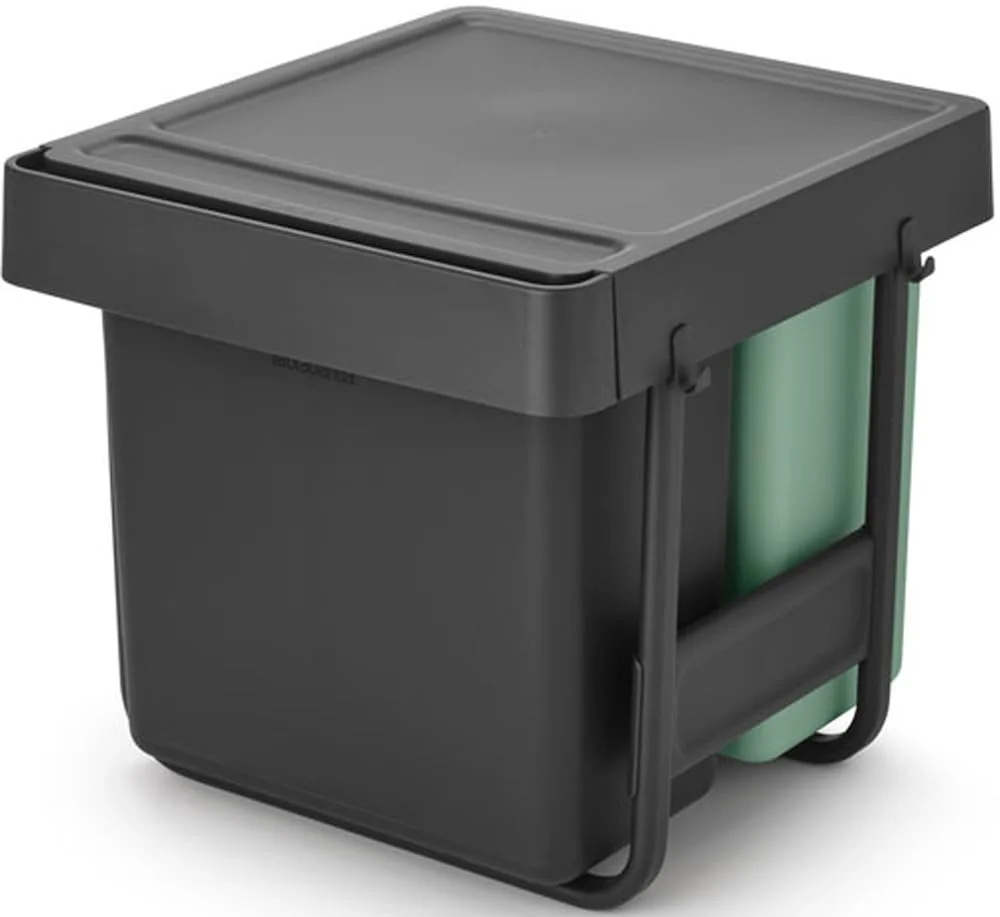 سطل زباله کشویی Brabantia Sort & Go | سطل زباله توکار 15 + 15 + 20 لیتری زیر سینک آشپزخانه | واحد بازیافت سه گانه کشویی یکپارچه، ریل های روان، سطل های قابل جابجایی | خاکستری و سبز